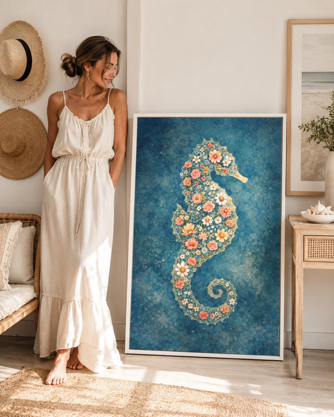 Room mockup showing a framed floral seahorse artwork above a sofa