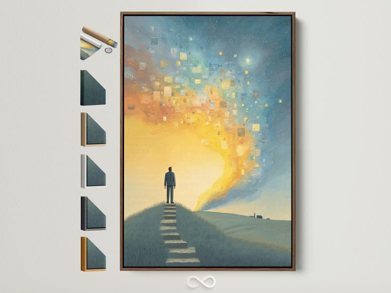 Surreal blue and gold city light with a man standing on steps