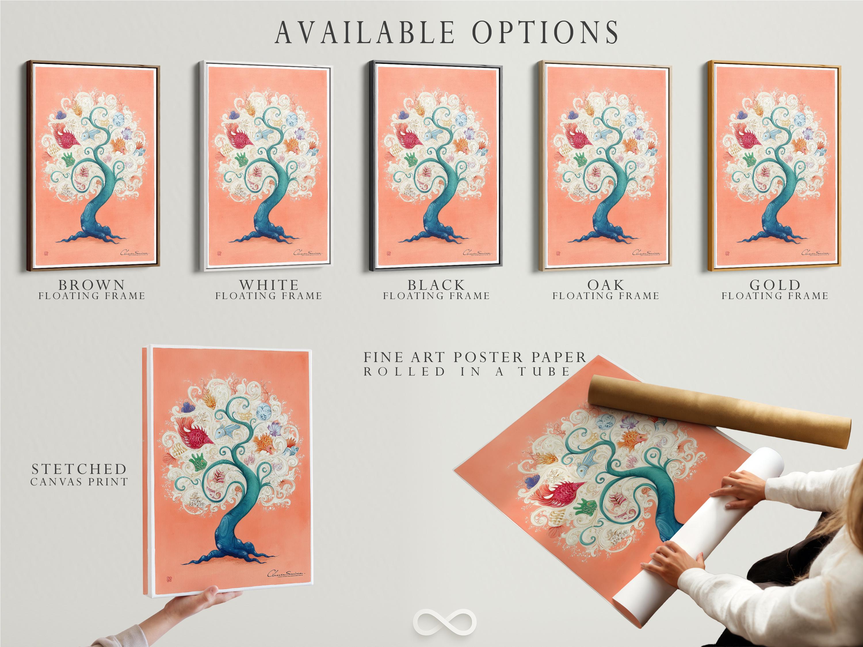 Peach fantasy coral tree with teal ocean waves and illustrated fish, shells and swirls detail view