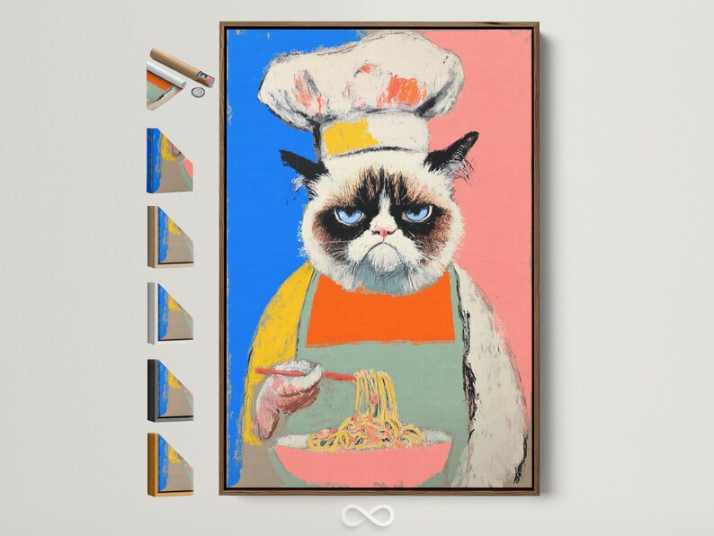 Grumpy cat chef pop art portrait with blue and pink background and a noodle bowl