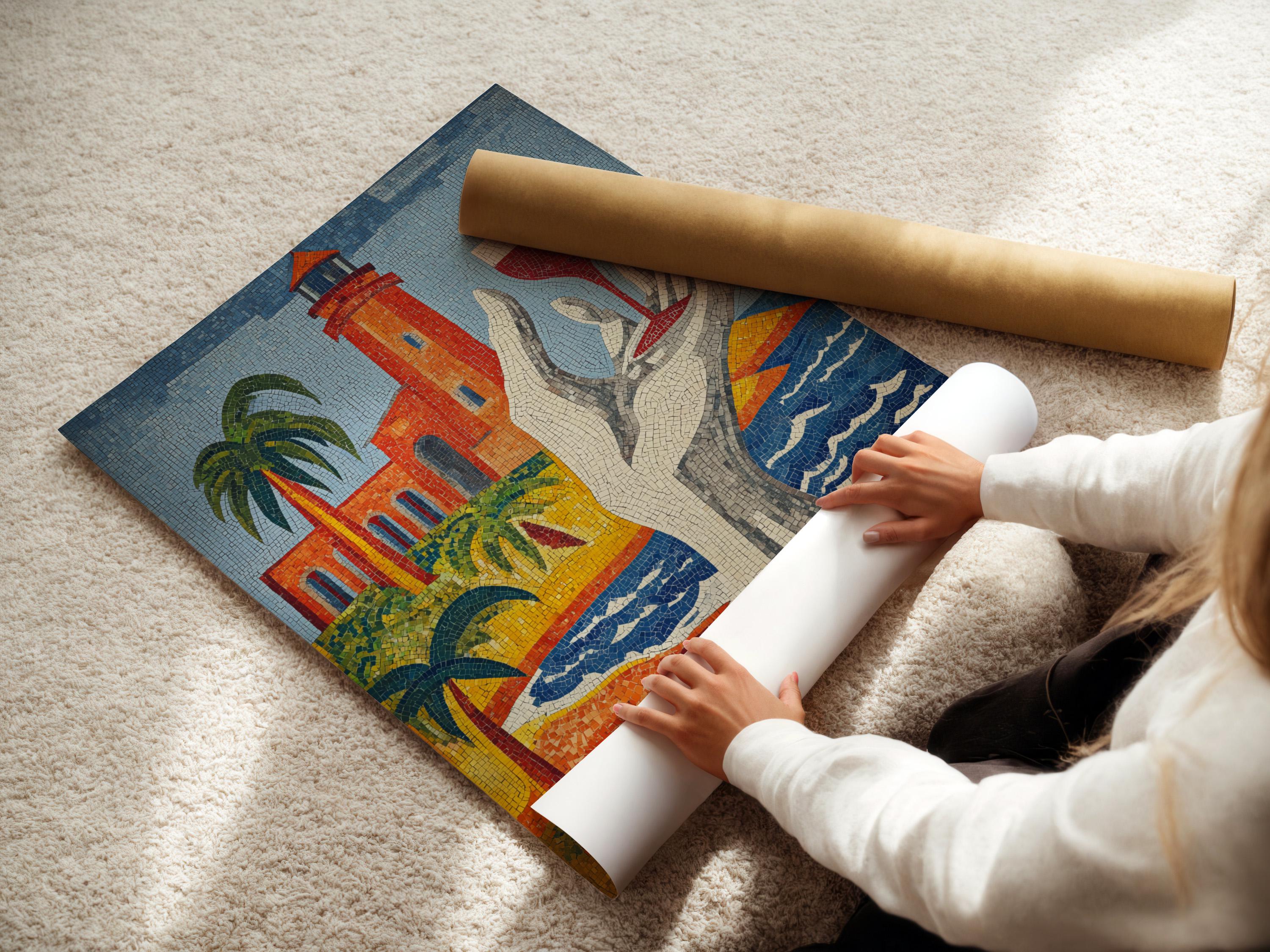 Mosaic lighthouse artwork with palm trees, a lifebuoy and blue wavy sea patterns detail view