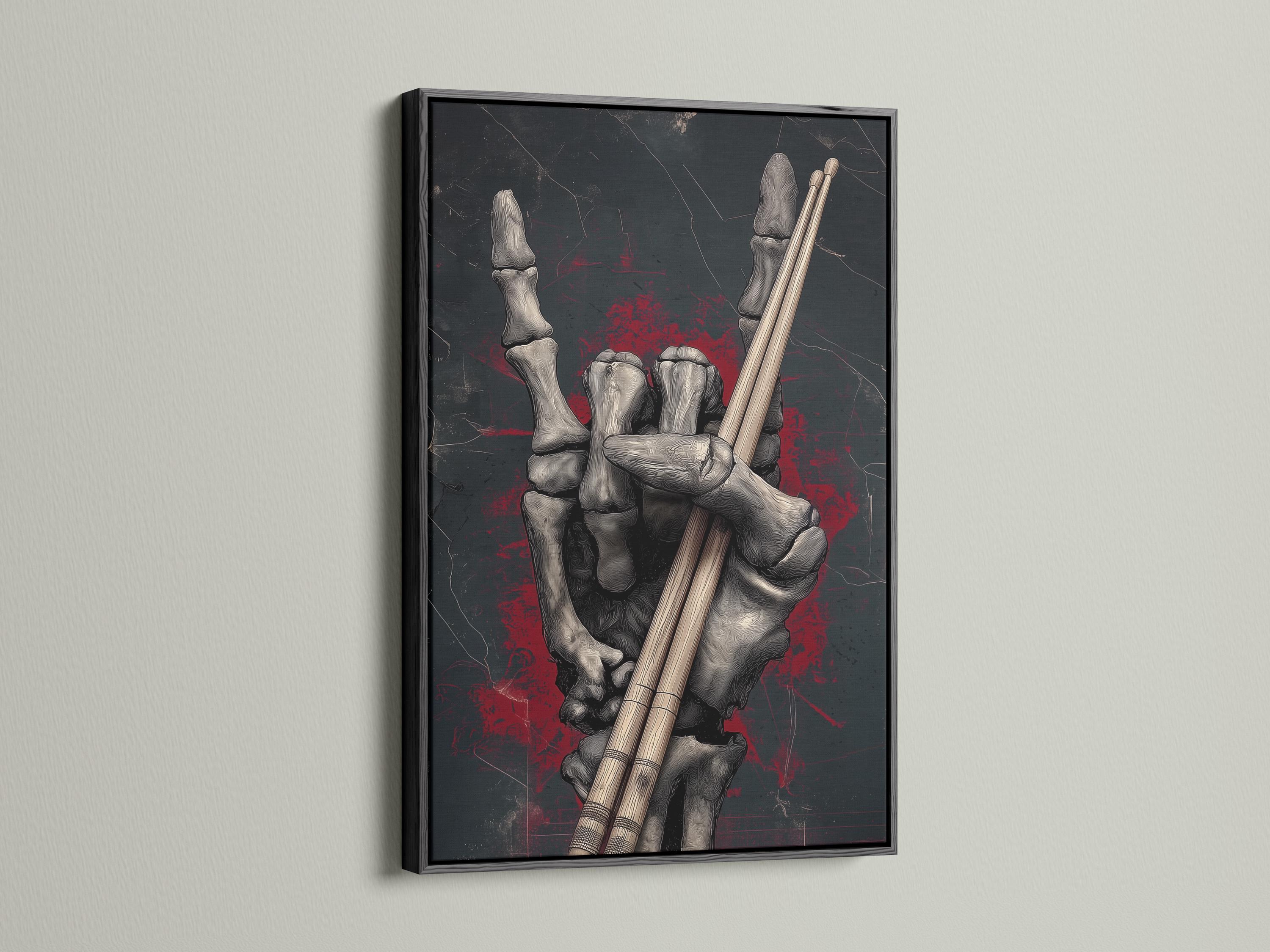 Gothic skeleton hands holding drumsticks on a dark charcoal background with red splatter detail view