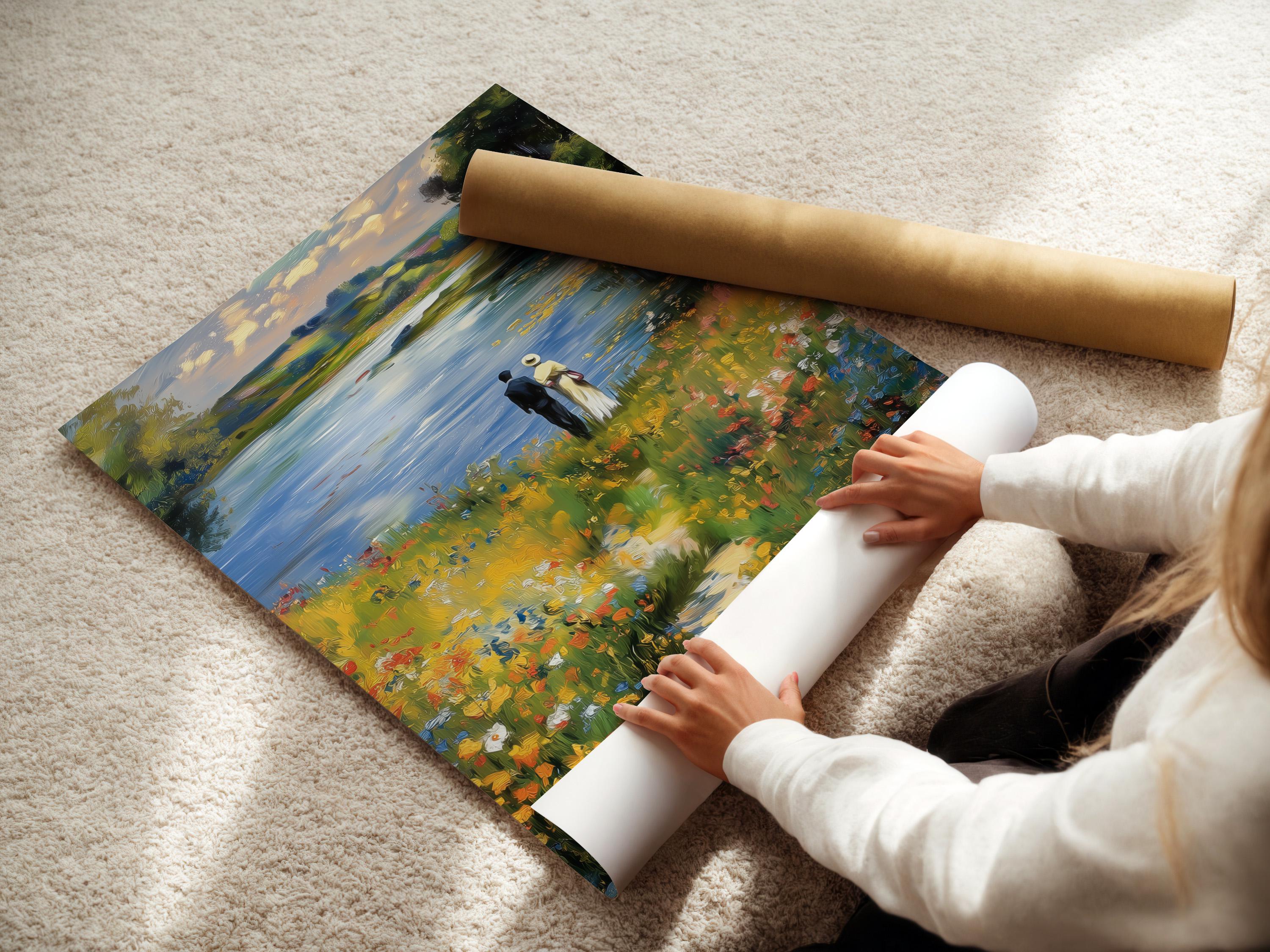 Impressionist lakeside meadow painting with two people standing near the shore and wildflowers detail view