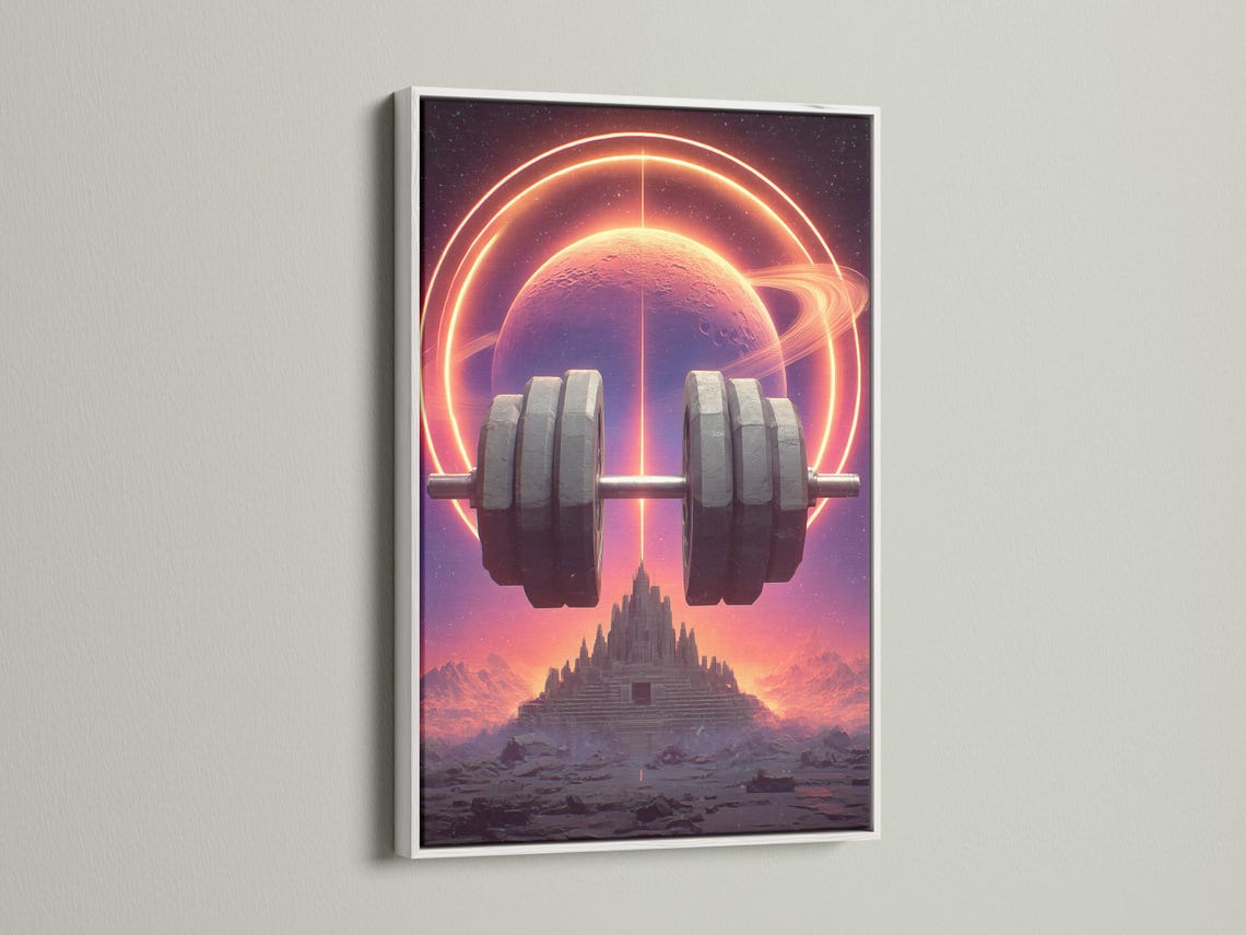 Futuristic gym wall art artwork mockup with neon planet and barbell