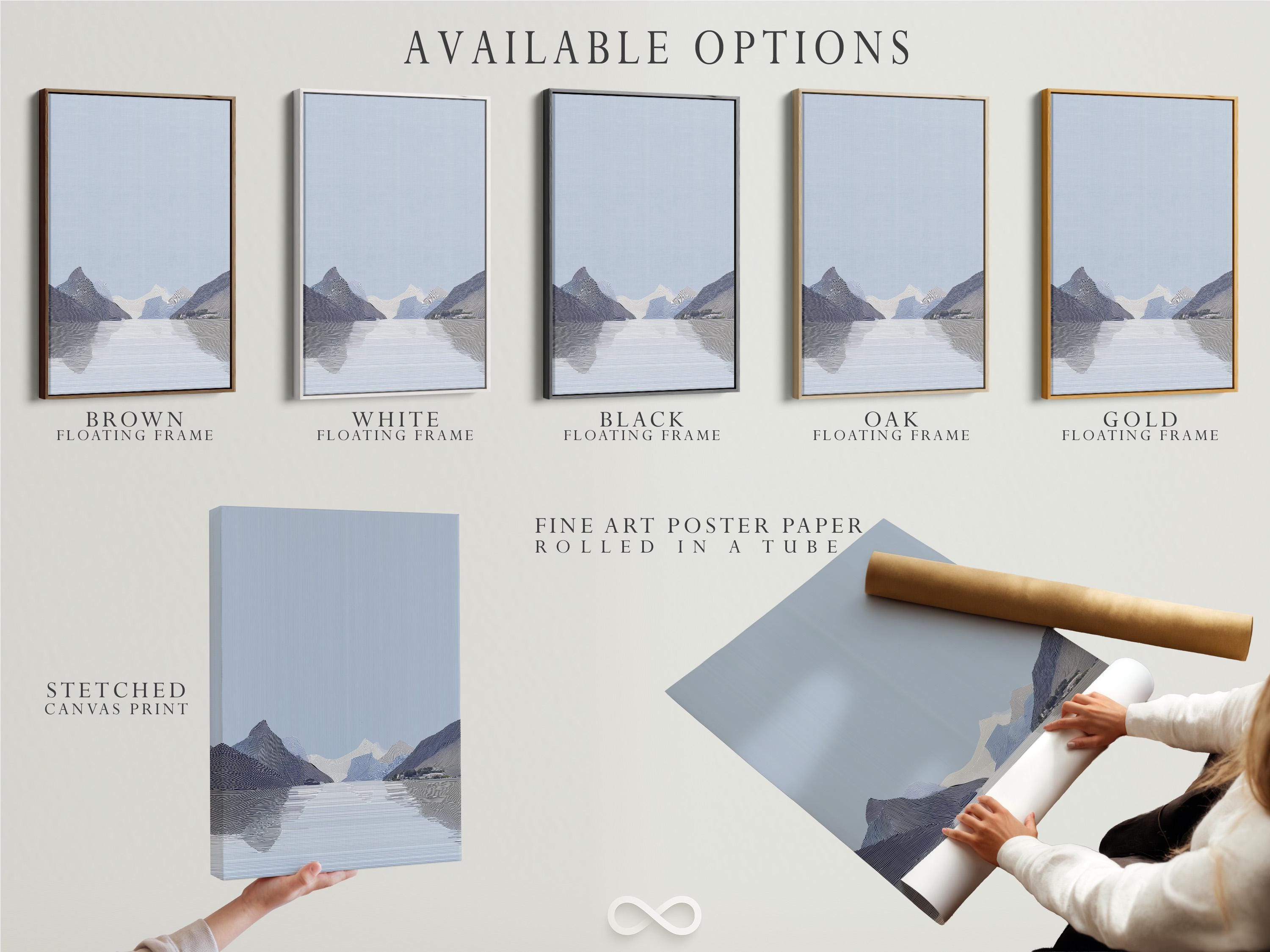 Person viewing an abstract mountain artwork in a modern room mockup