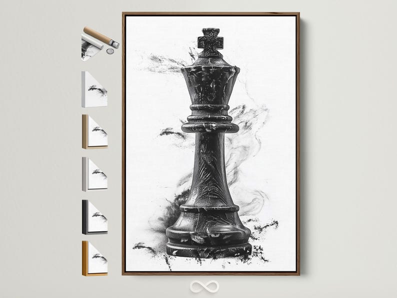 Black and white illustration of an upright chess piece with grey ink splatter marks