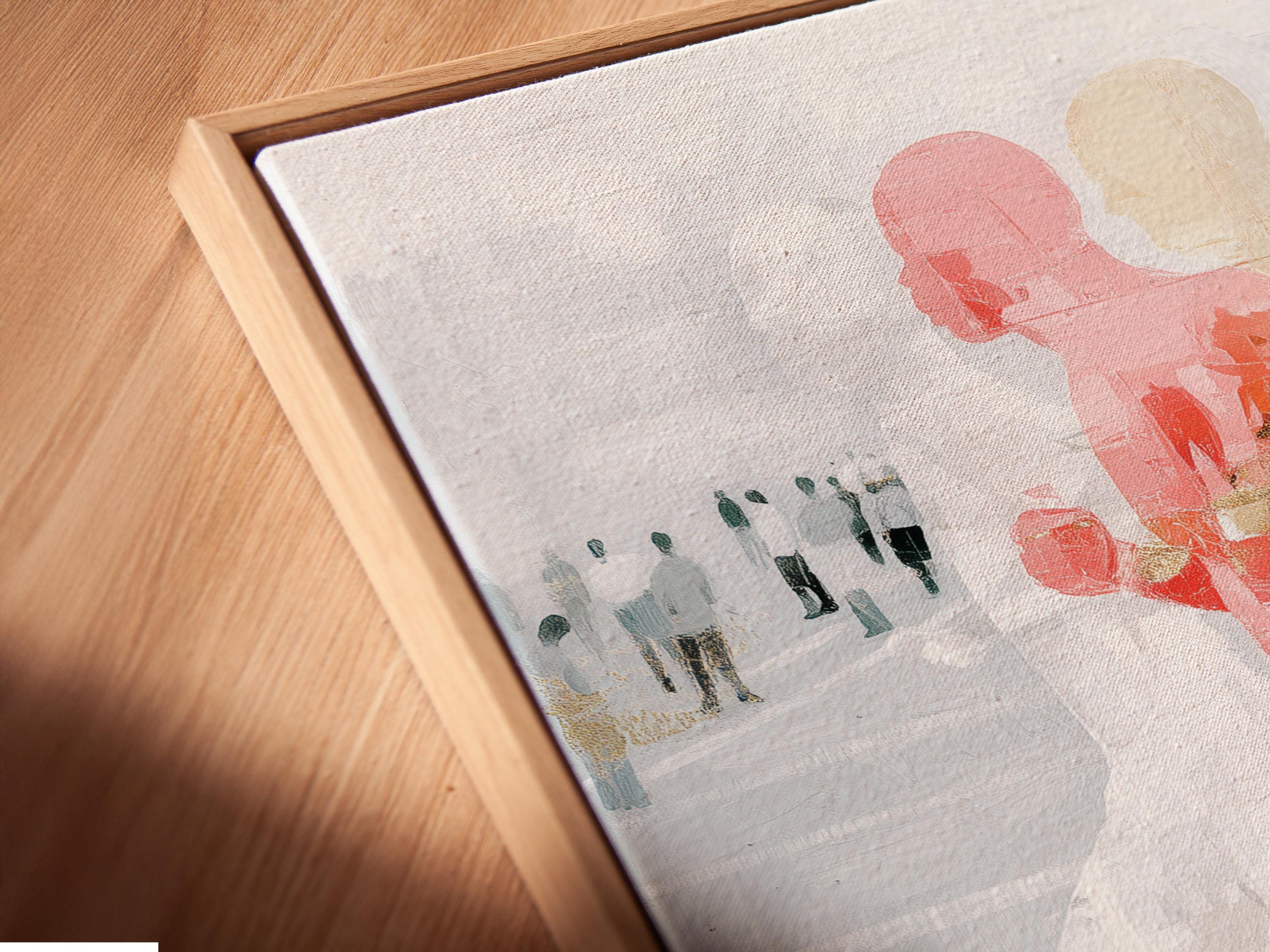 Room mockup featuring a framed abstract runners artwork with coral and teal figures