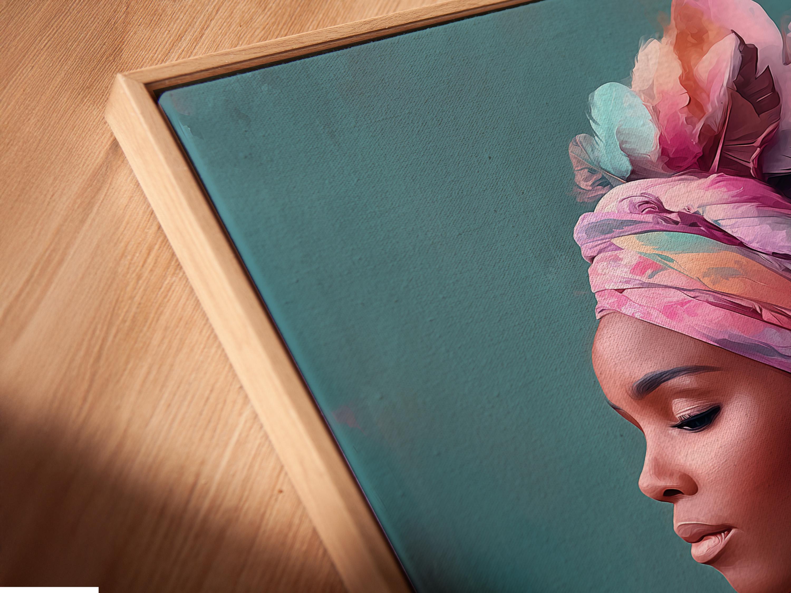 Stylised portrait of a woman in side profile with a layered feather headdress in pink, teal and purple detail view