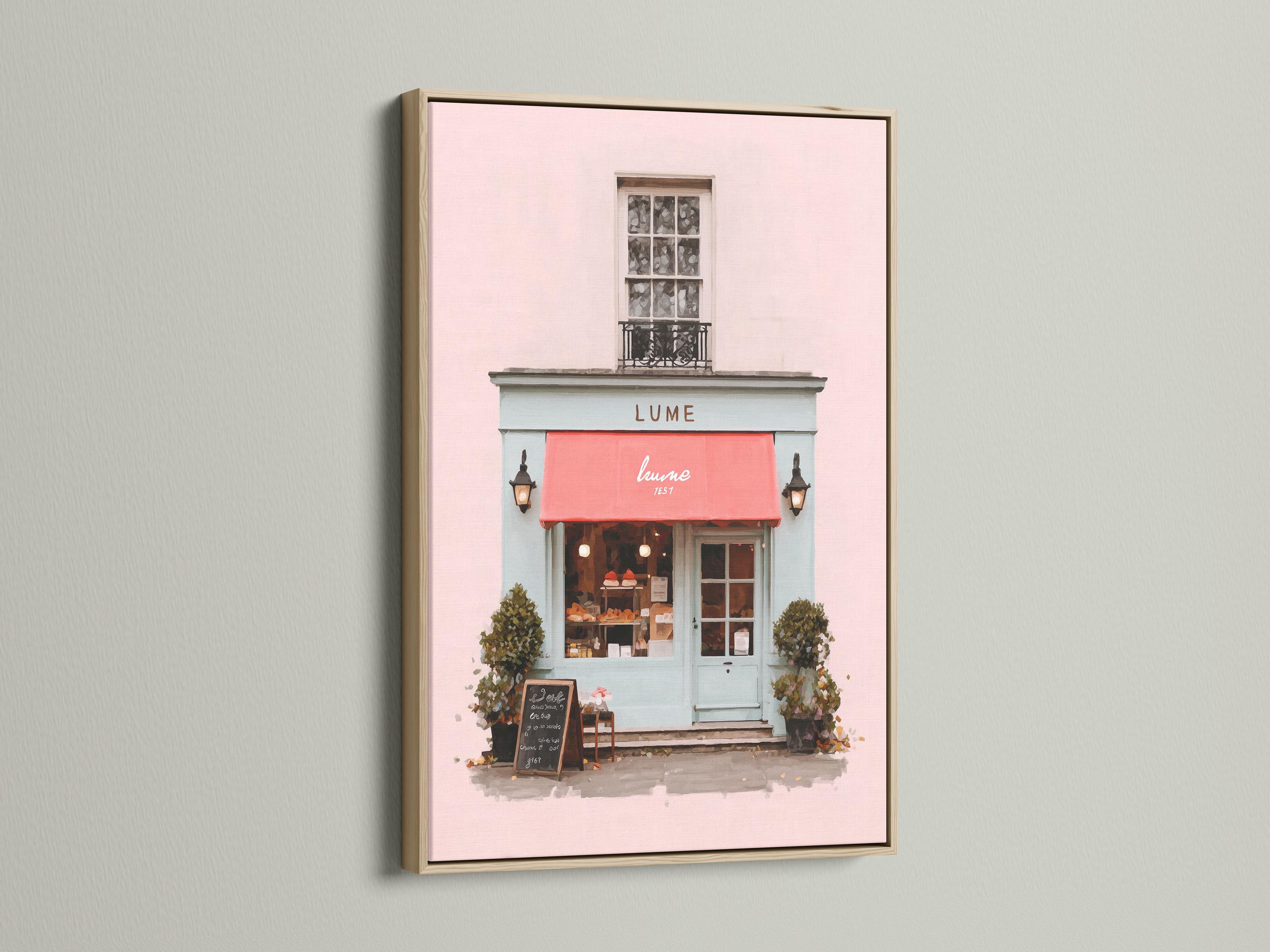 Pastel pink café front illustration with a red awning, lanterns, window and green shrubs detail view