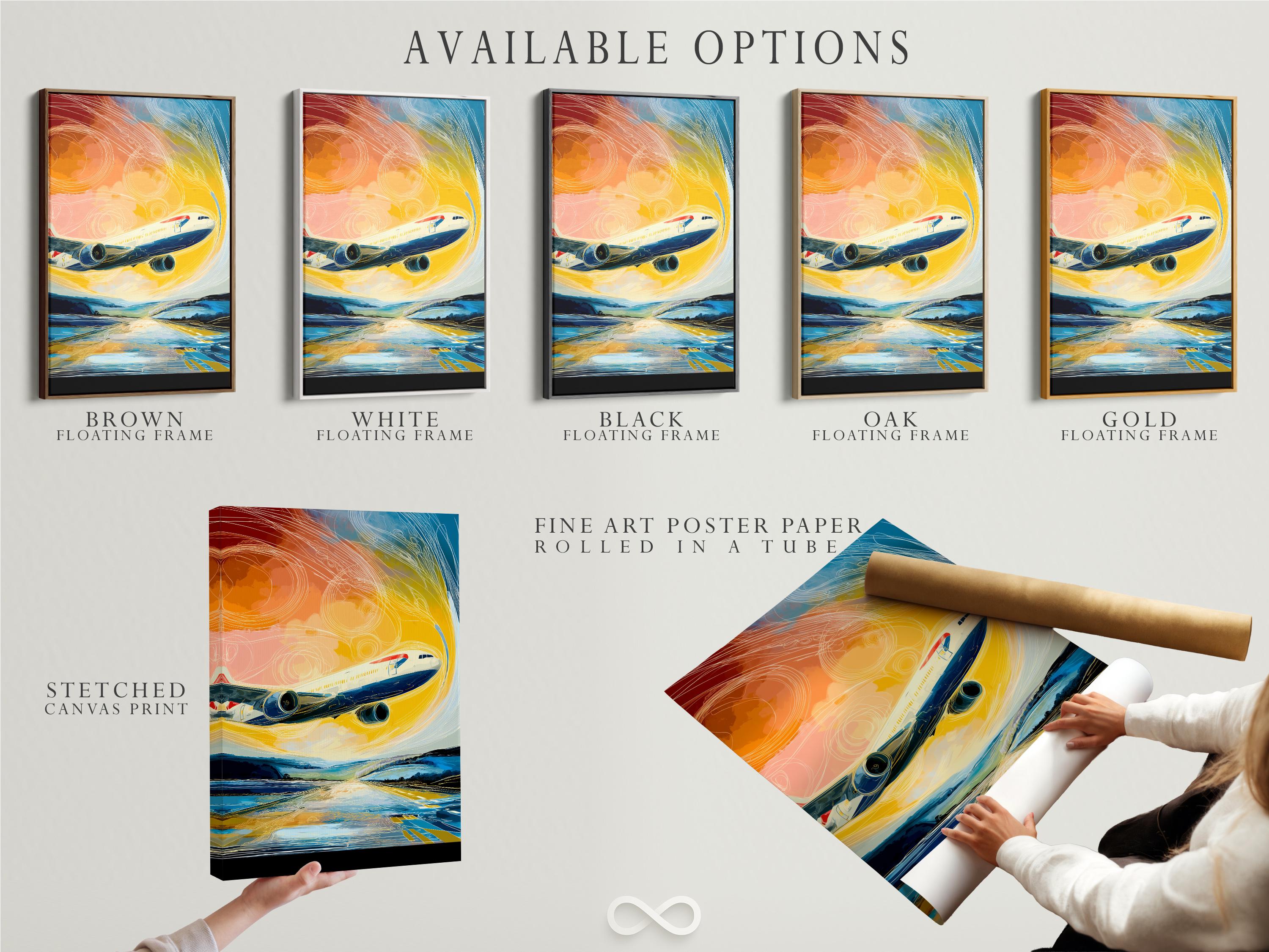 Stylised airplane illustration with swirling yellow, orange and blue lines detail view