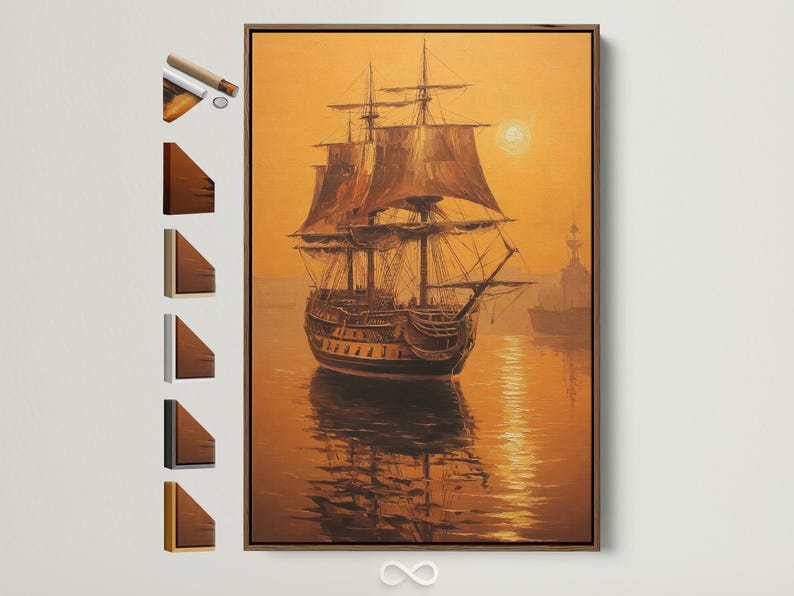 Sailing ship at sea in warm gold and brown tones with a bright pale disc and water reflections