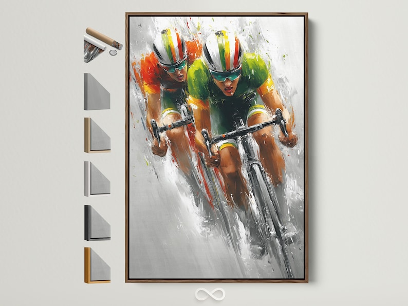 Two cyclists racing diagonally in orange and green with motion streaks on a light grey background
