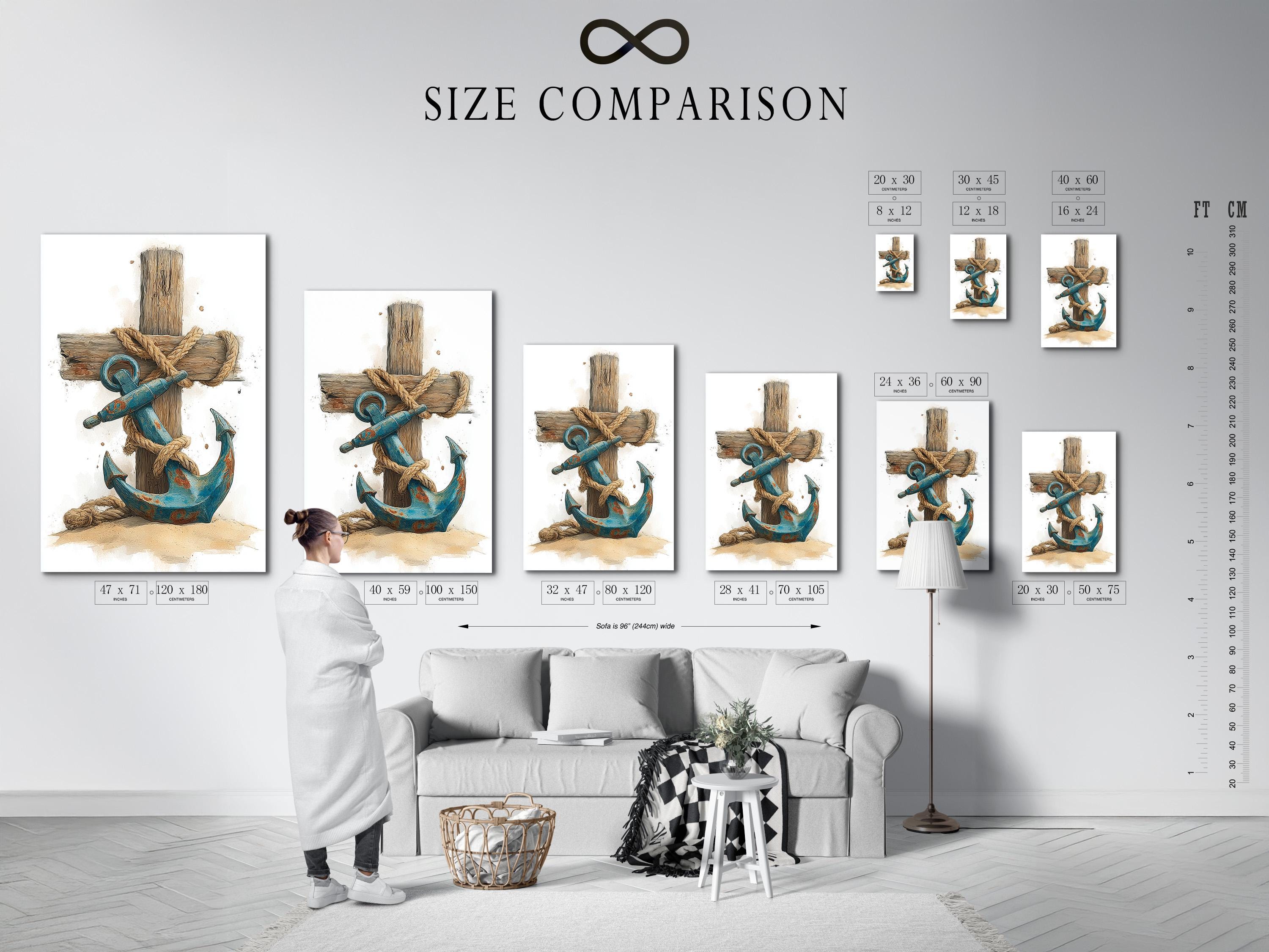 A distressed nautical illustration shows a large rope-wrapped wooden cross/anchor shape with a coiled blue rope motif and seabed tones against a pale