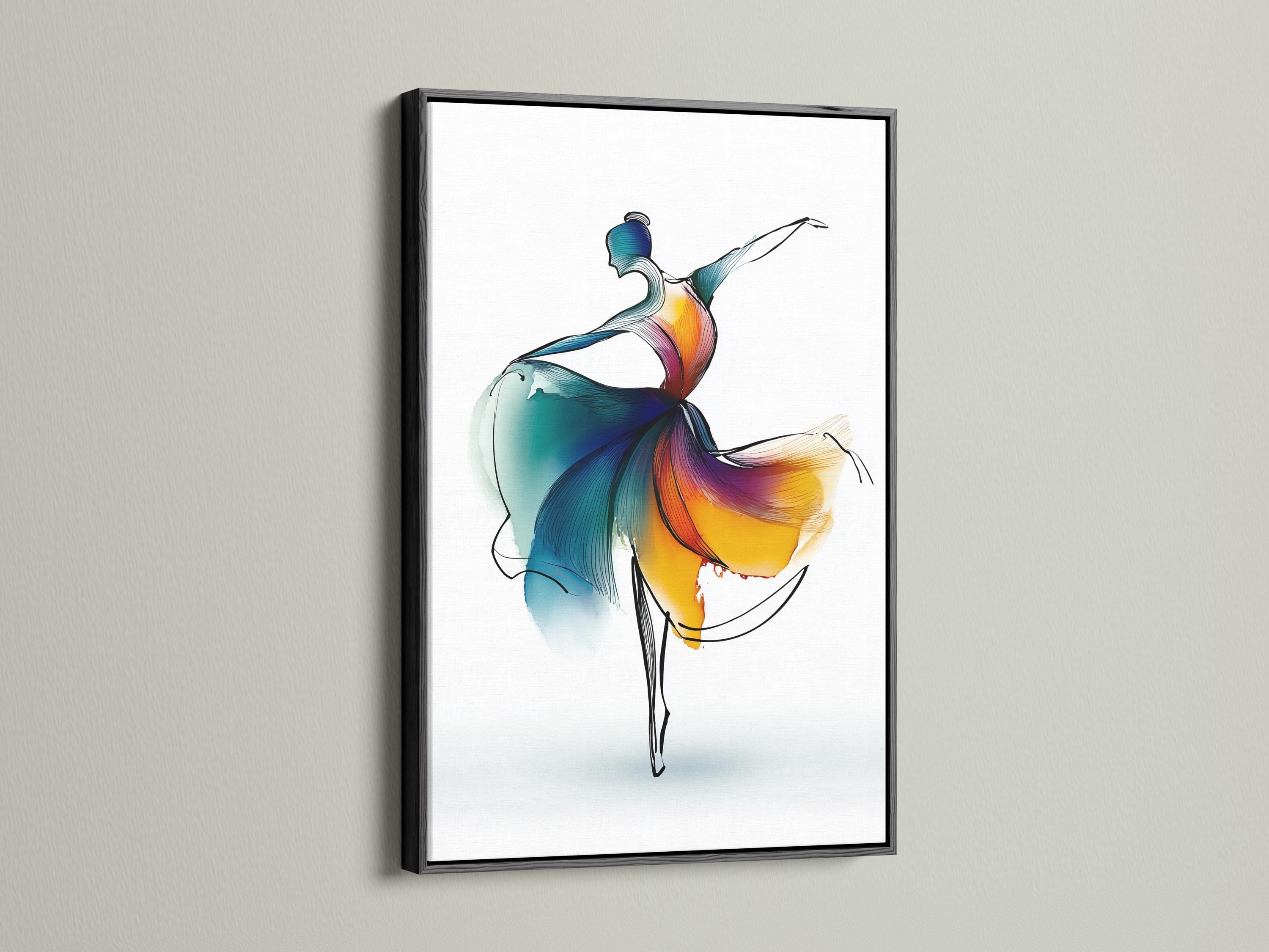 Stylised ballet dancer leaping with teal, blue, purple and orange-yellow colour washes on a white background detail view