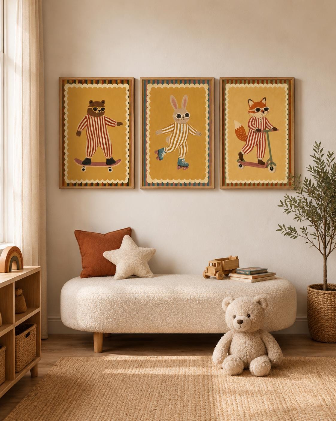 Three illustrated animal characters on skate and scooter wheels in warm mustard tones detail view