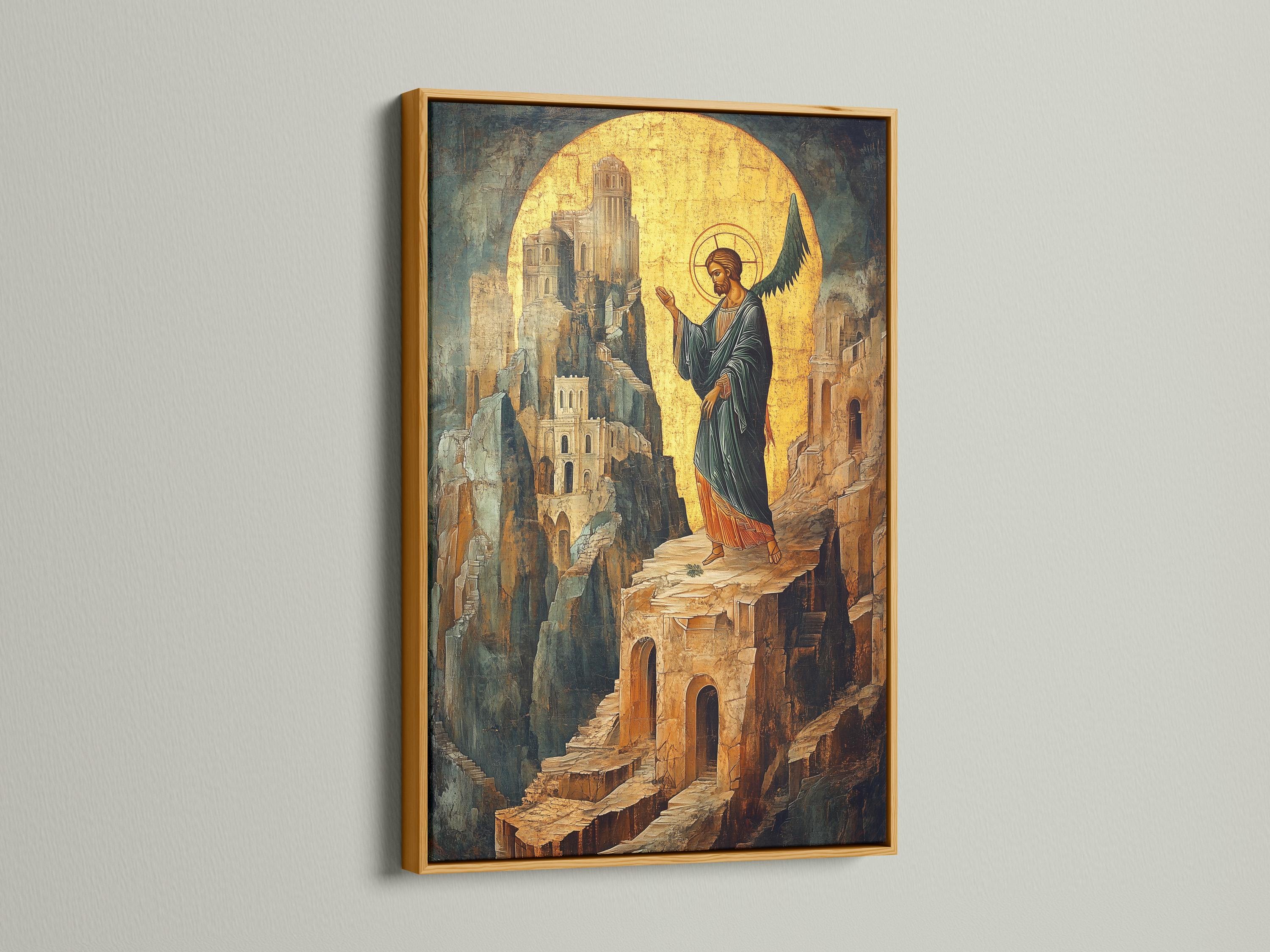 Stylised angel icon with a golden halo standing over a stone cityscape detail view