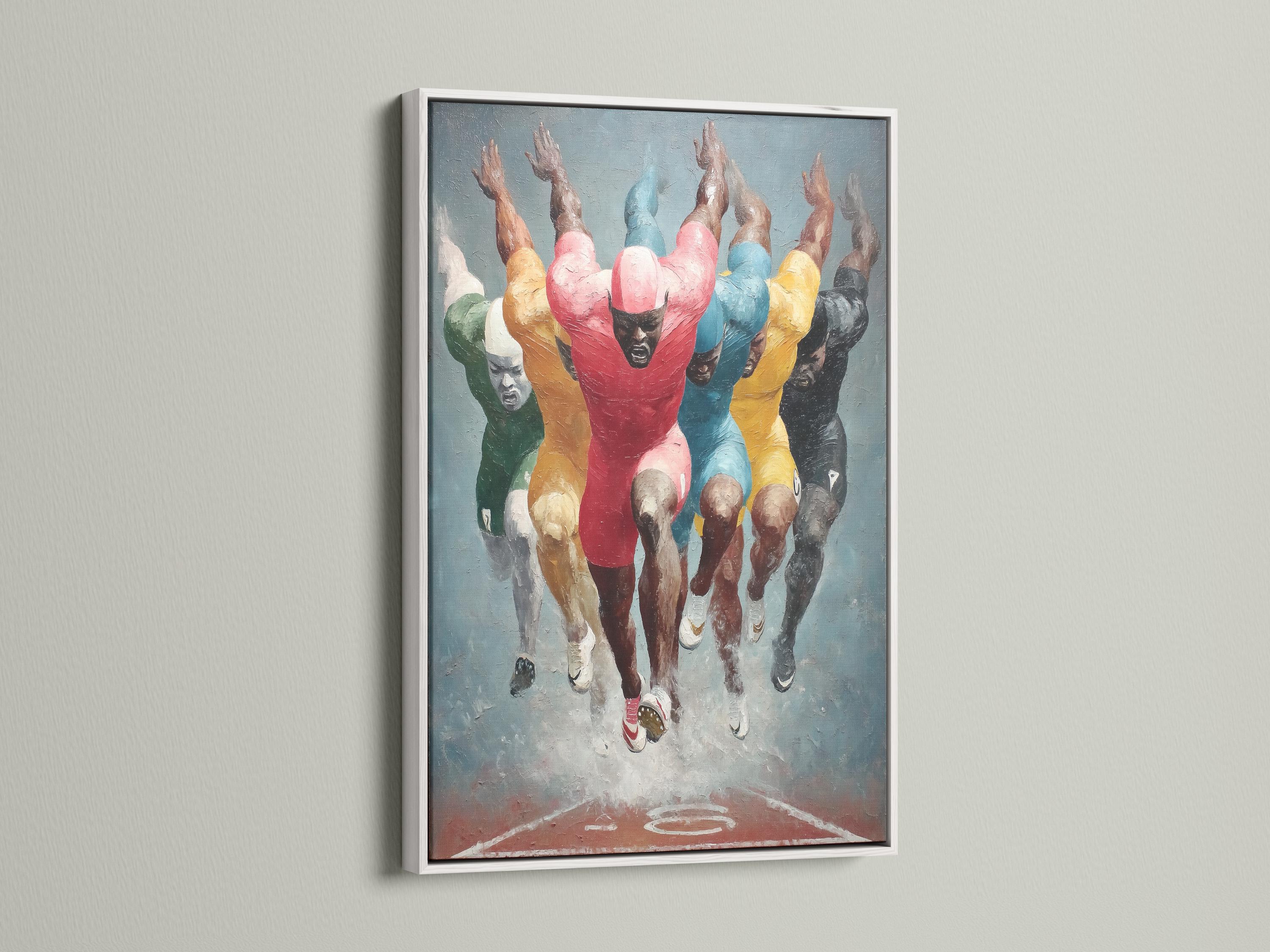 Colourful runners sprinting in a painterly style with a bright red central figure detail view