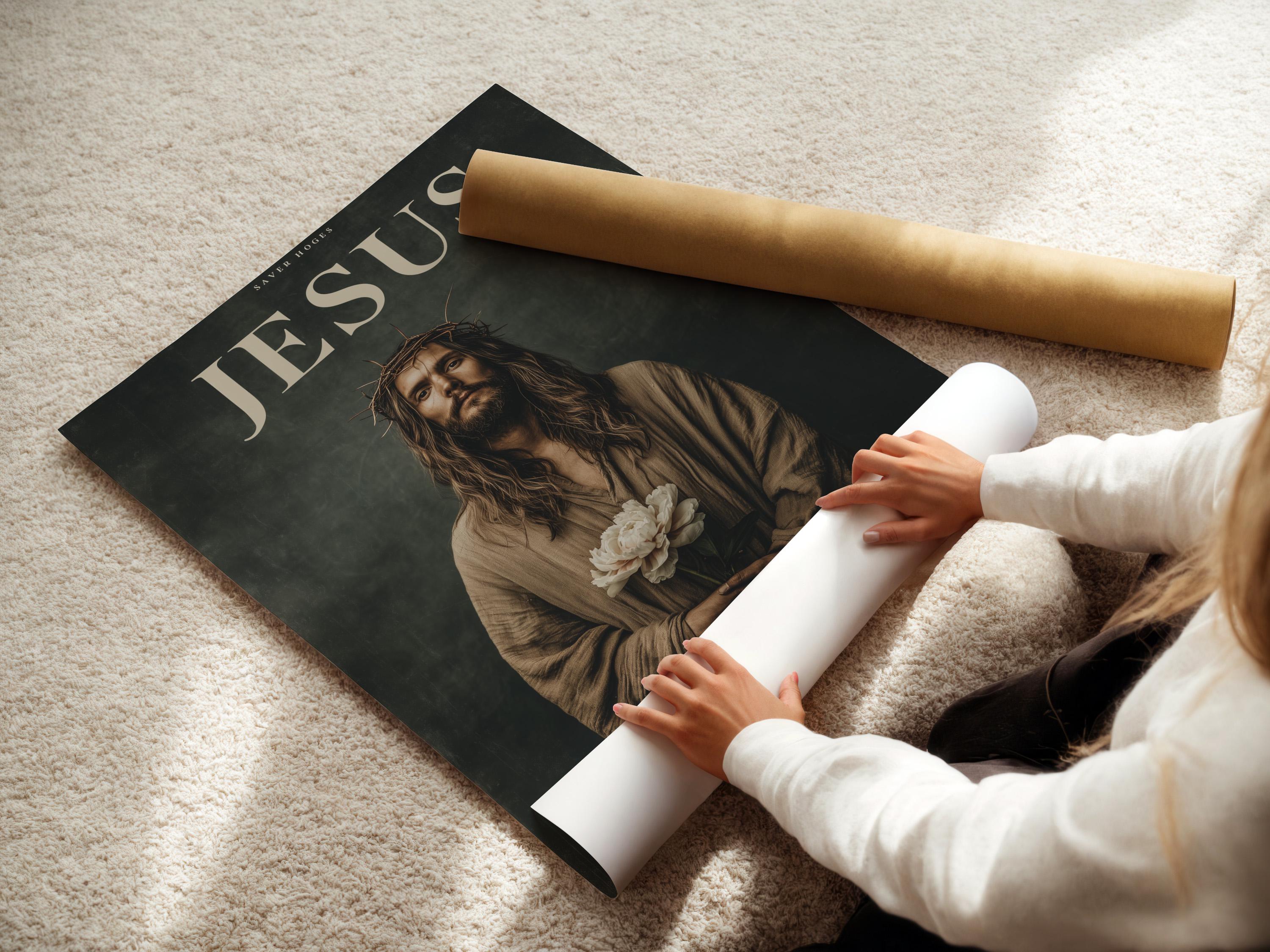 Jesus portrait with crown of thorns holding white flowers and gold text detail view