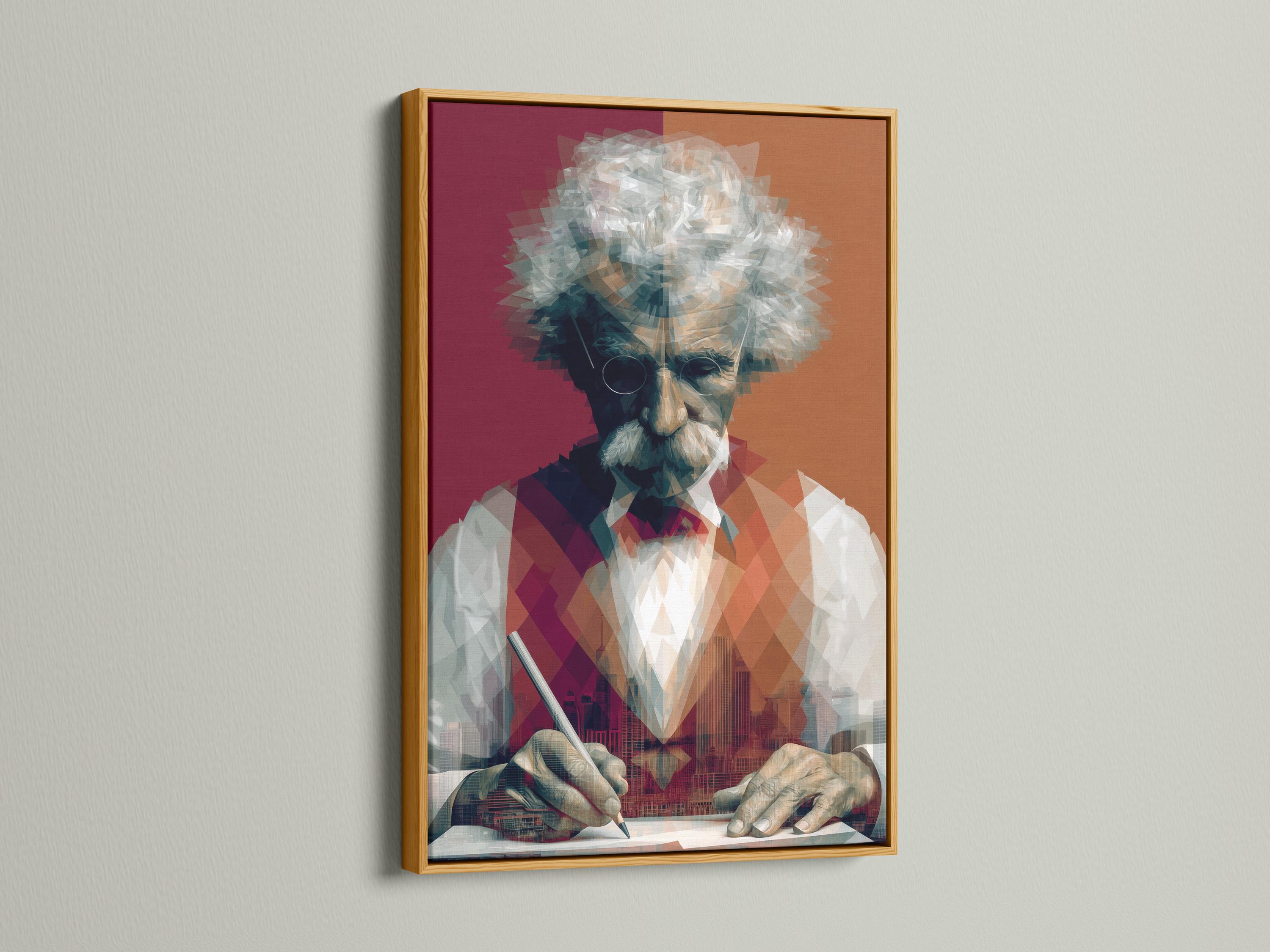 Geometric portrait of a writer in a hat and glasses holding a pen over a desk detail view