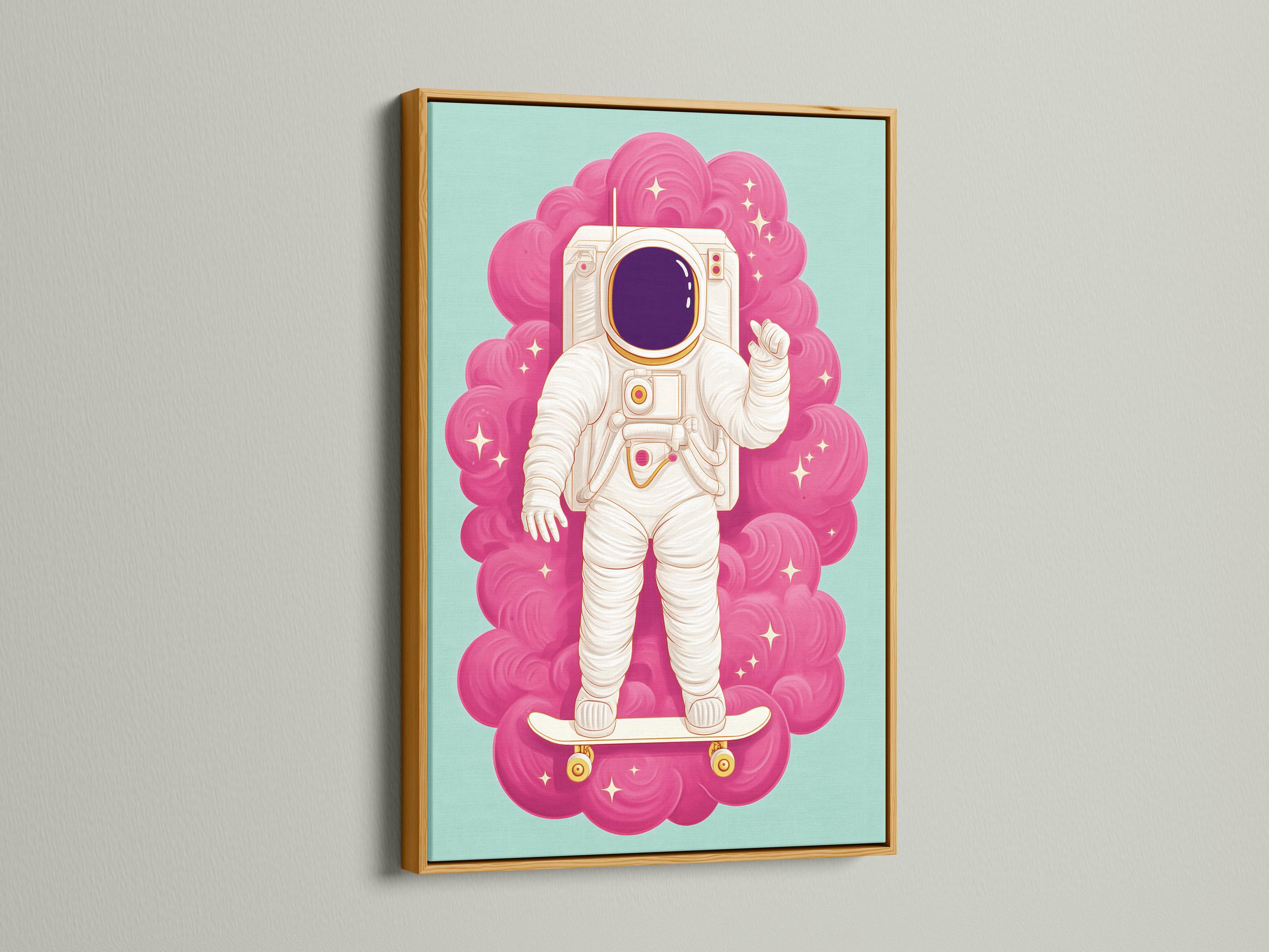 Cartoon astronaut standing on a skateboard with a hot pink cloud swirl background detail view