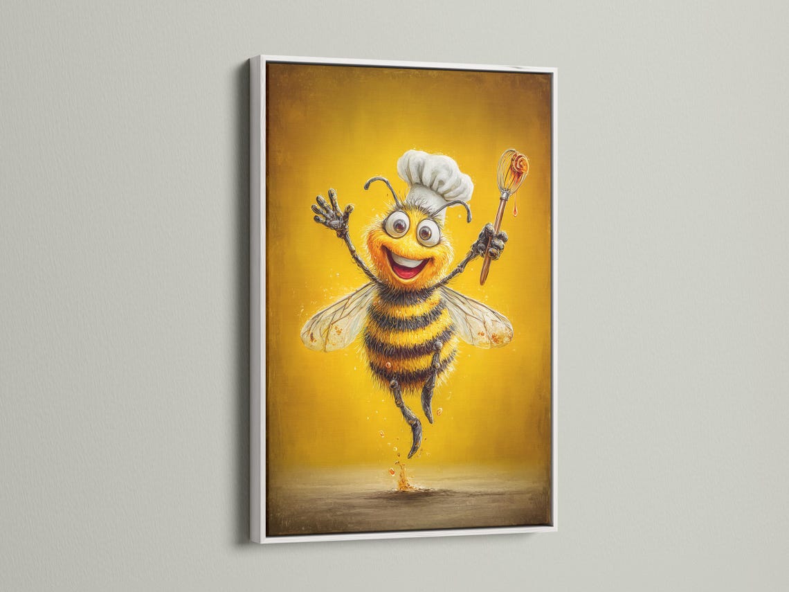 Smiling cartoon bee chef holding a whisk on a warm golden background detail view