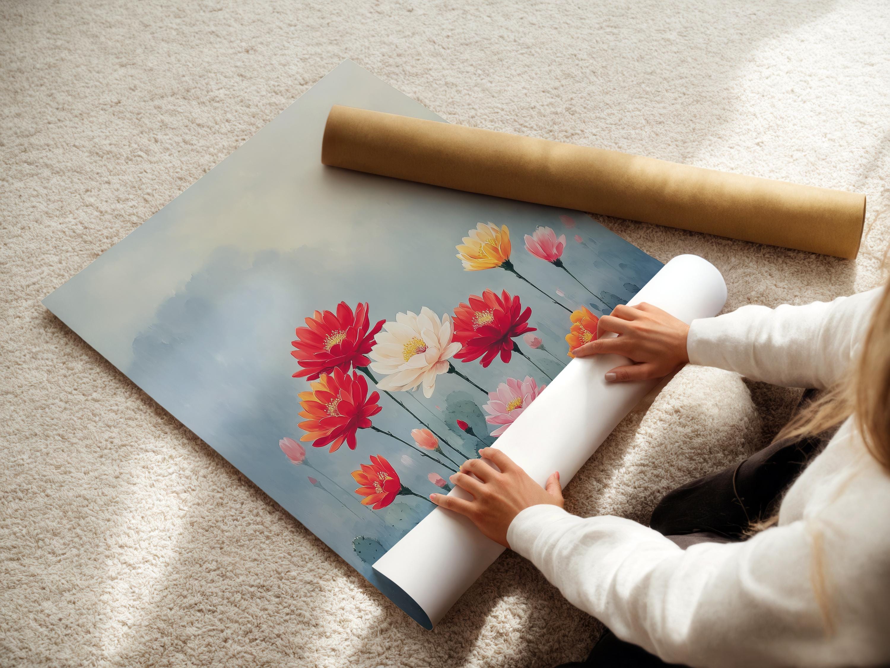 Framed desert flower bouquet artwork on a wall mockup with small butterfly details