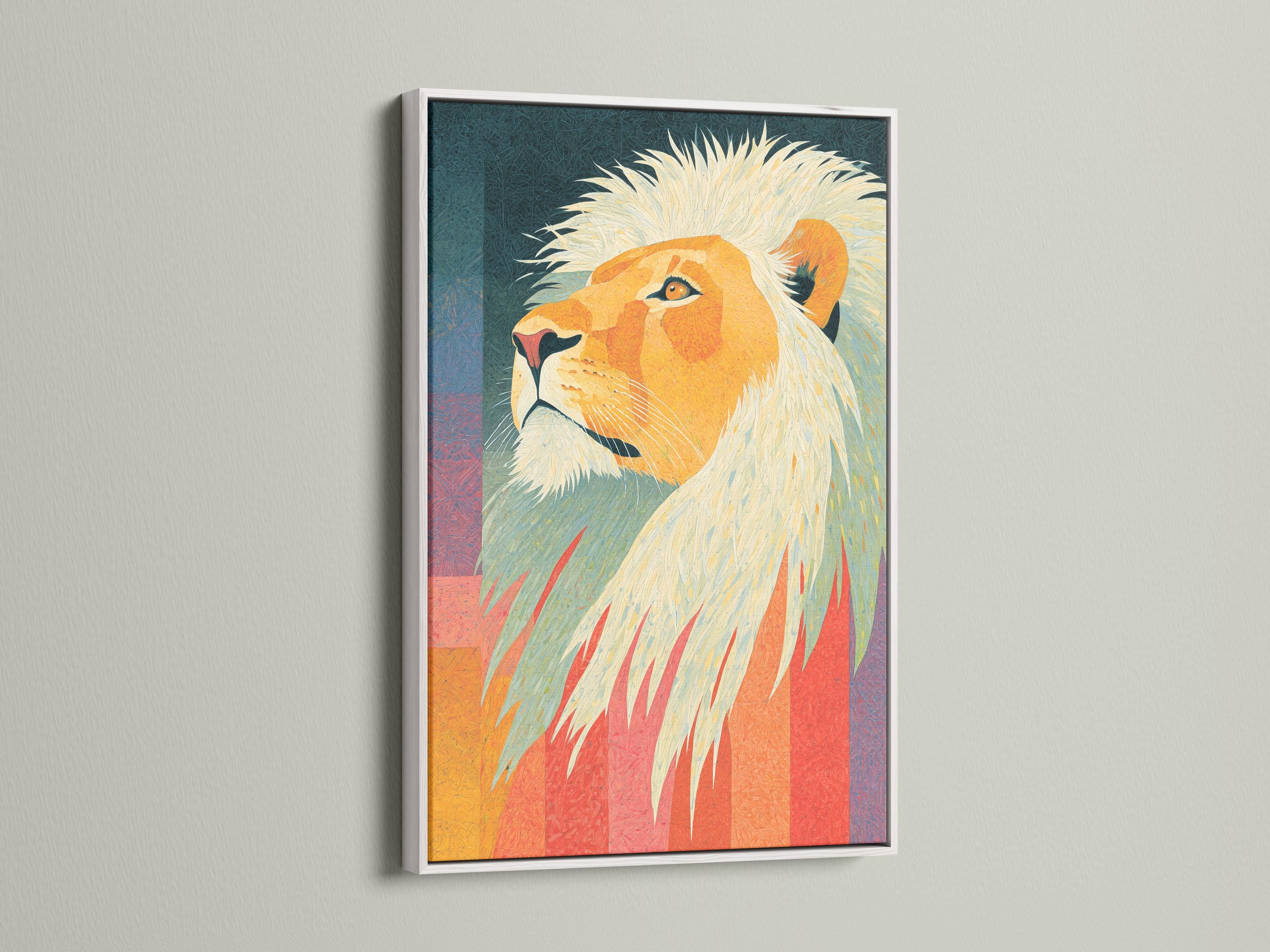A lion portrait is shown in bright golden ochres with pale cream mane, set against a teal and sunset-coloured geometric background detail view