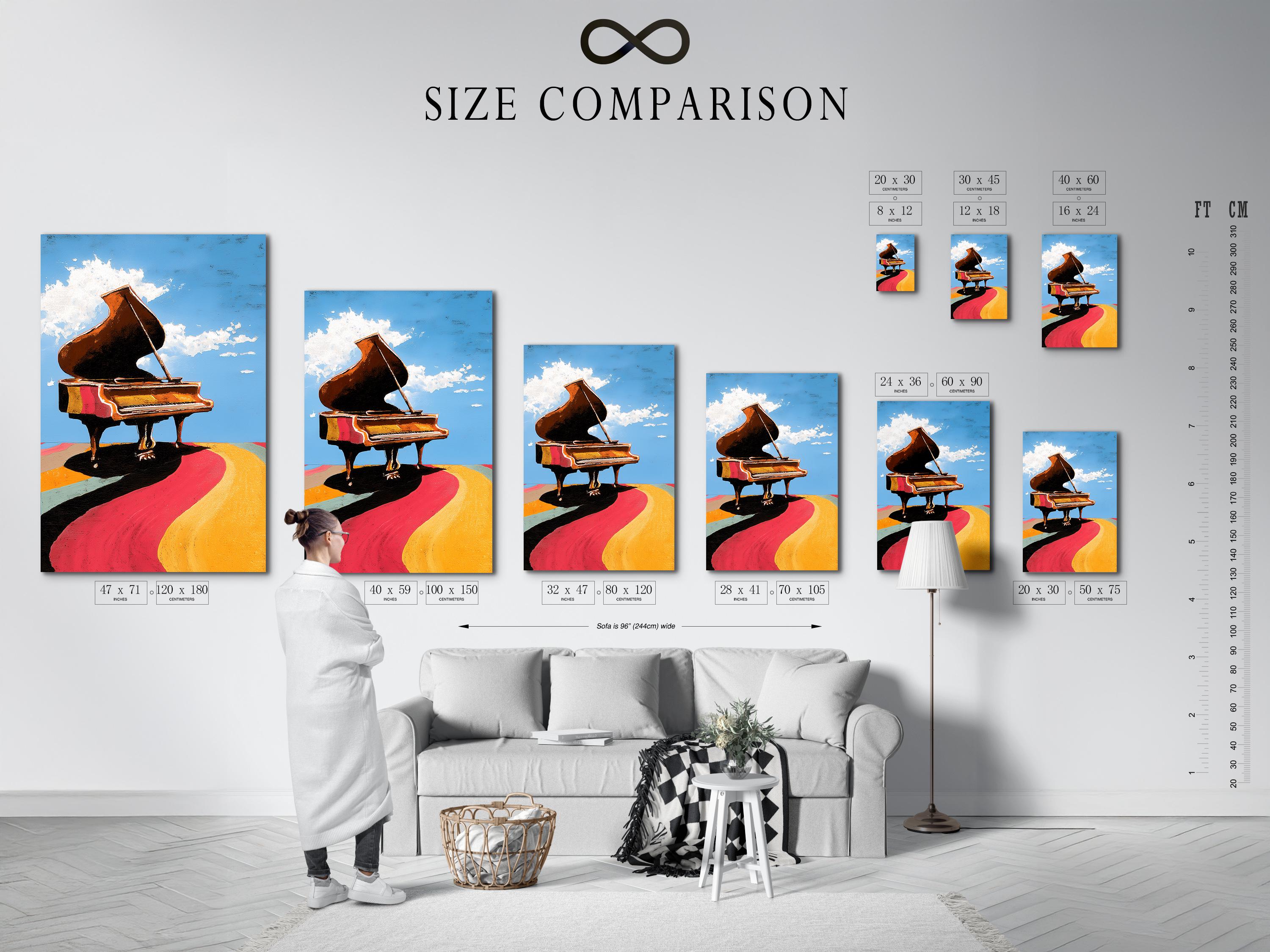 Room mockup showing a framed piano artwork with blue sky and colourful ground bands