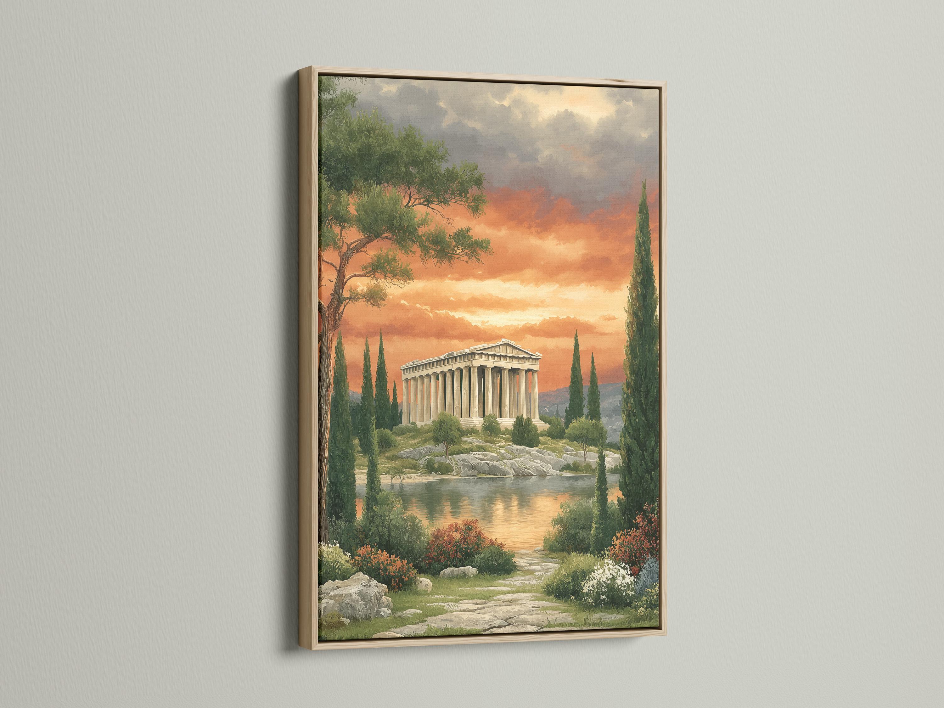 A classical temple by a calm lake under a warm orange sunset sky with trees and greenery in the foreground detail view