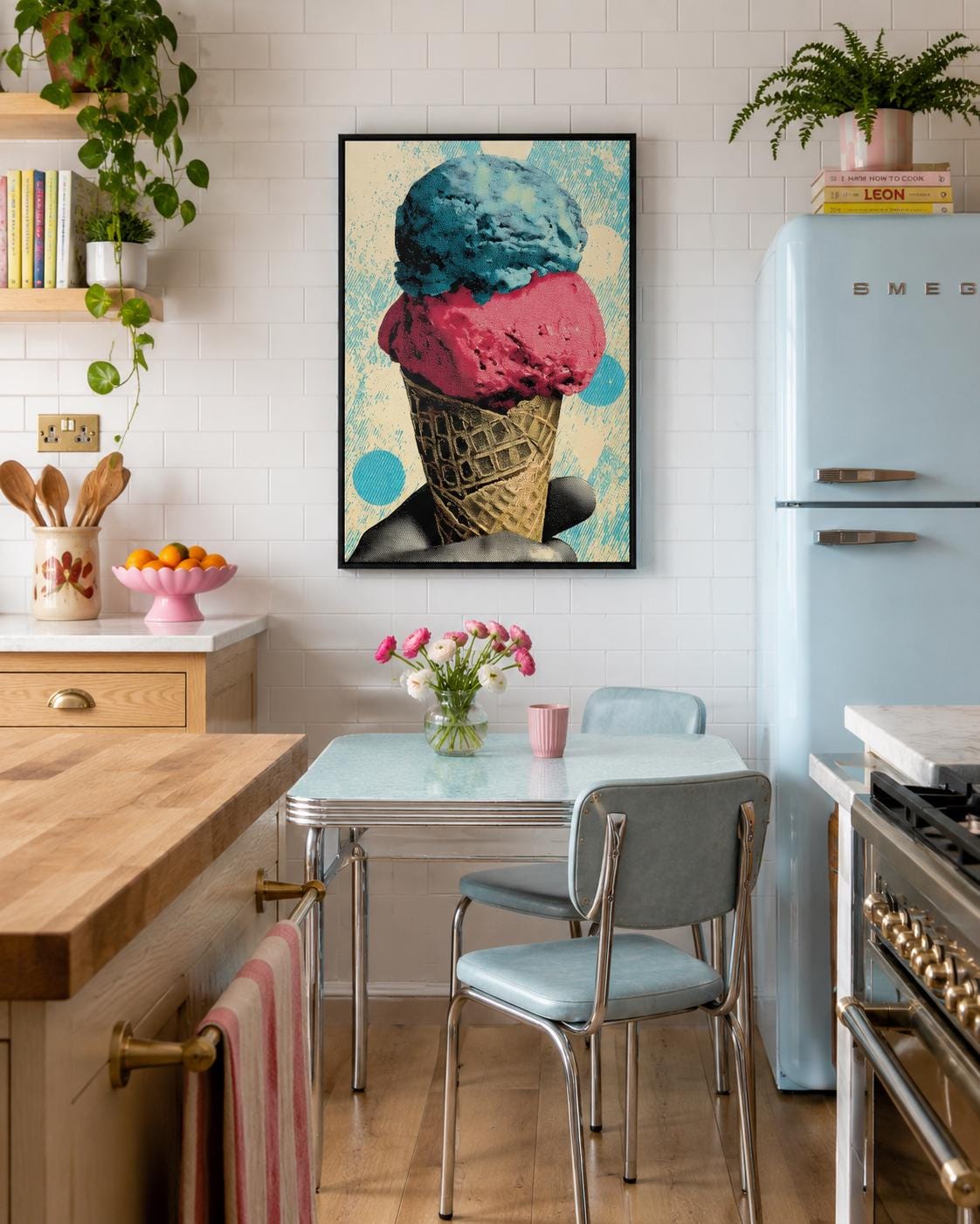 Pop-art ice cream cone illustration with turquoise and coral scoops and a patterned cone detail view