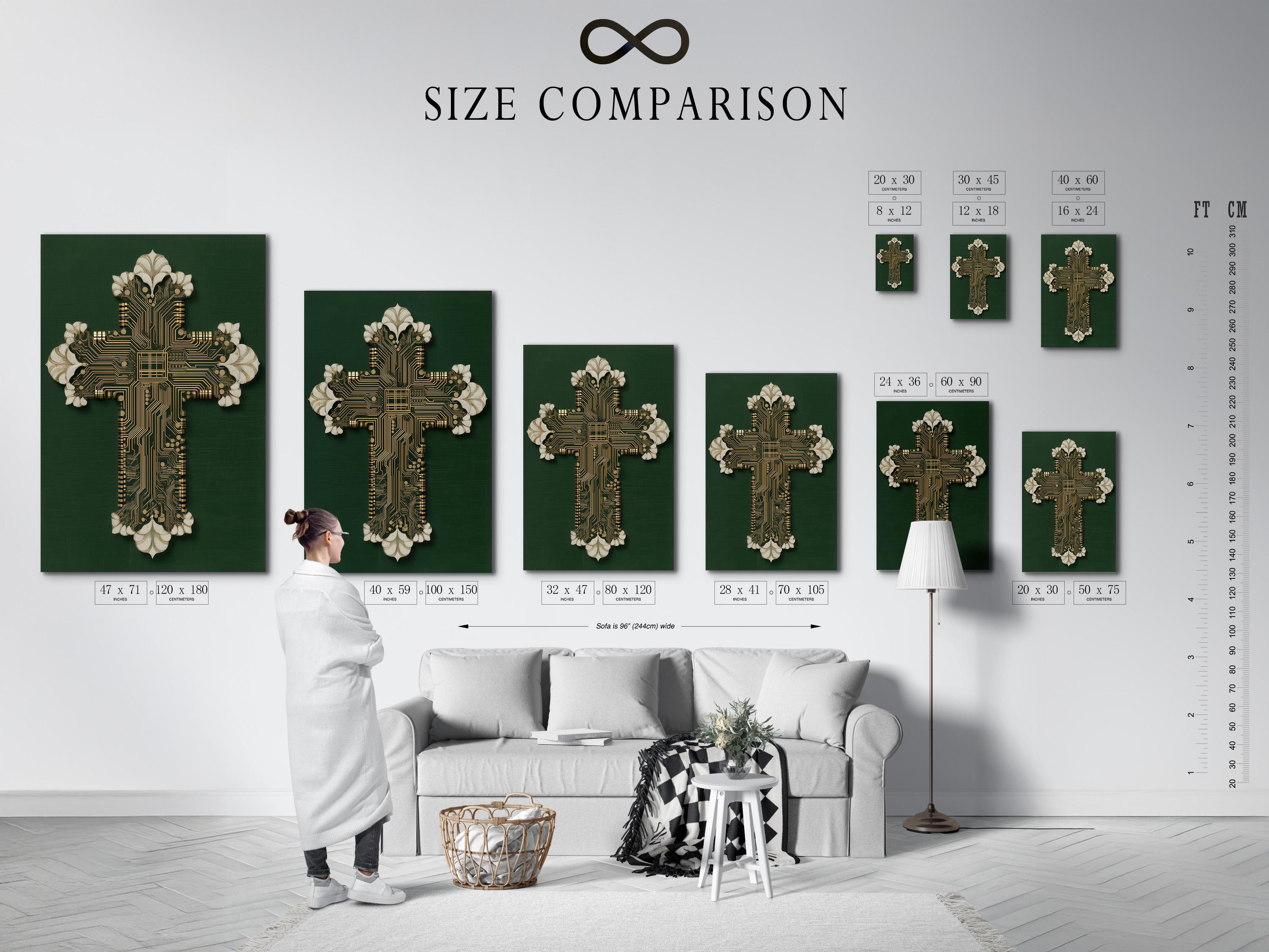 Gold circuit-board cross motif on a deep green background with white petal-like accents detail view