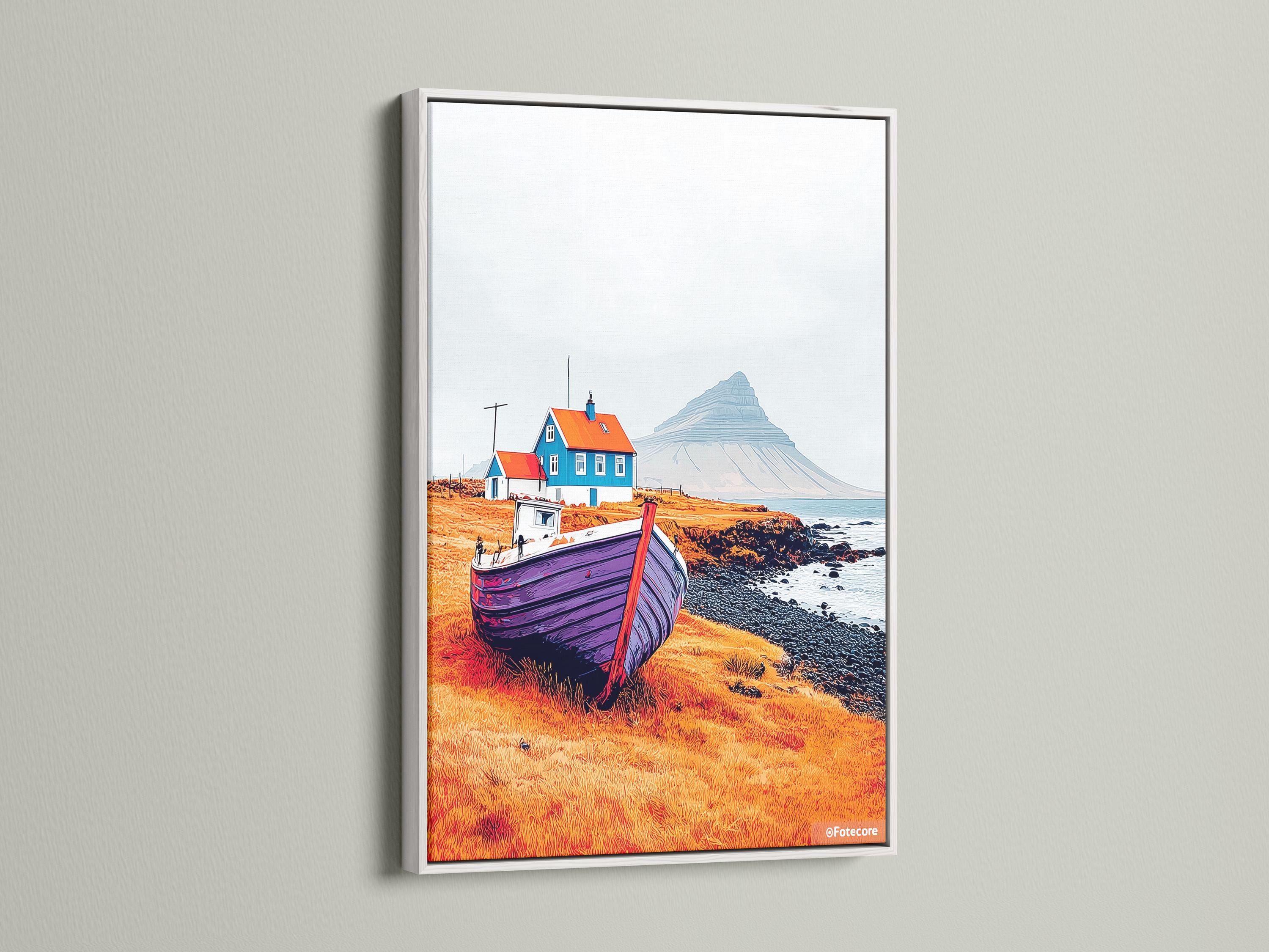Stylised coastal landscape with a purple boat, blue house, rocky shoreline, waves and distant mountain detail view