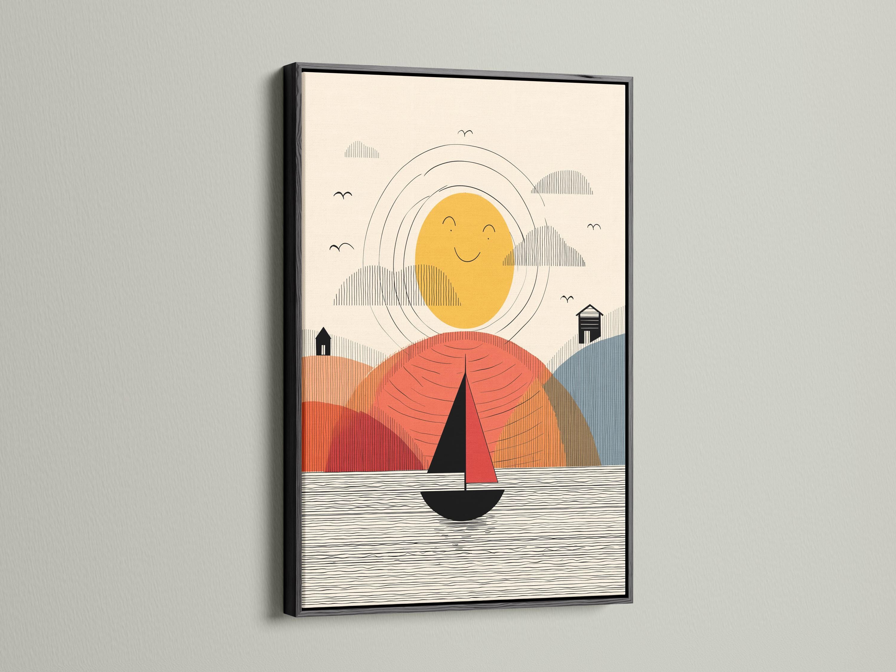 Geometric sailboat scene with a smiling yellow sun, wavy water lines, and layered hills in coral and blue detail view