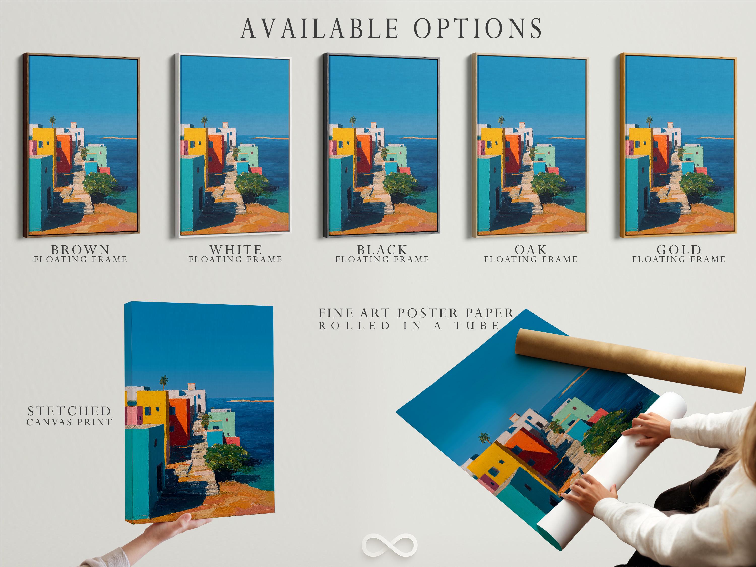 Wall mockup showing a framed coastal village artwork with colourful buildings and blue sky