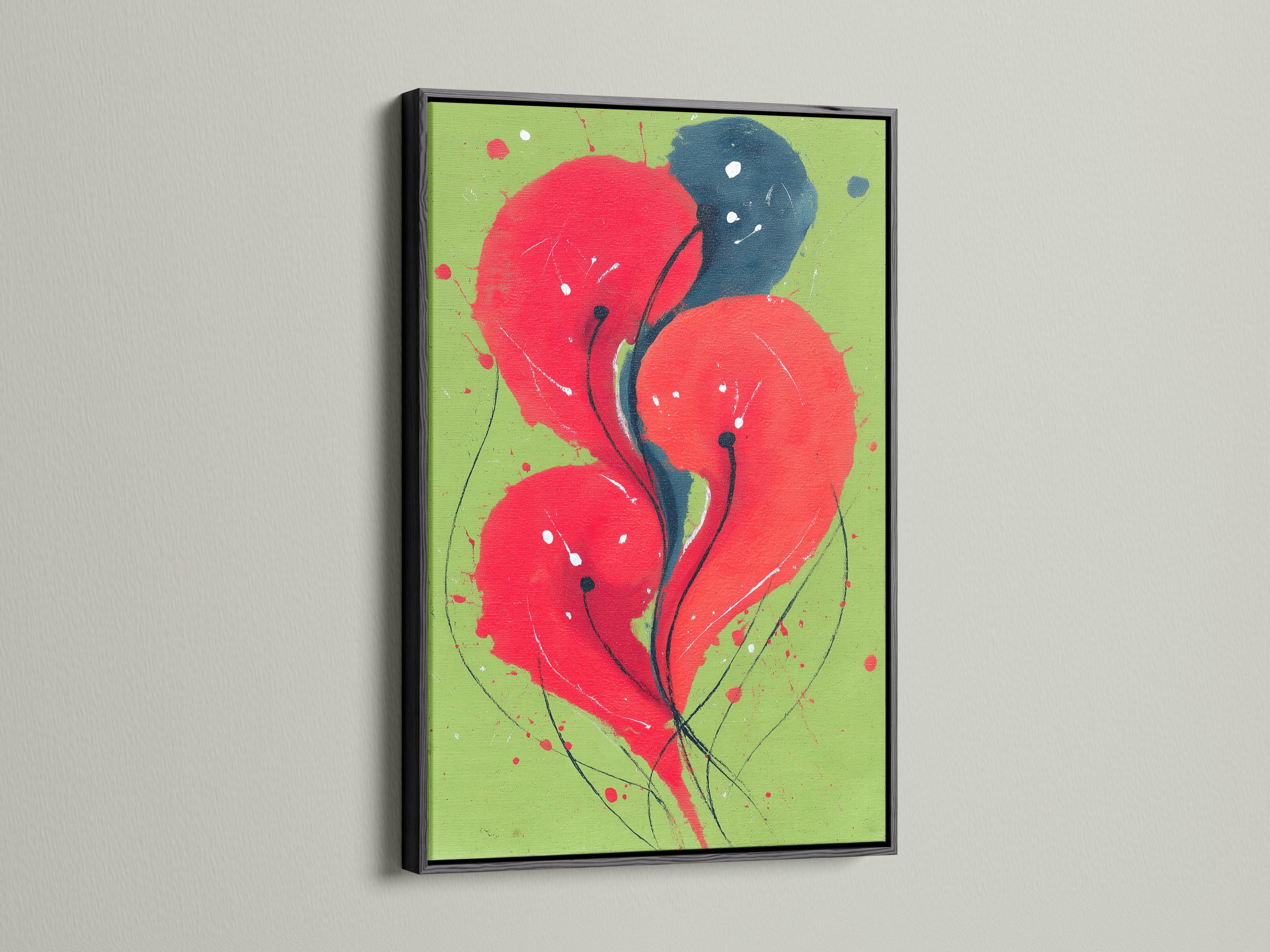 Abstract floral artwork with red blooms and deep blue petals on a lime green background detail view