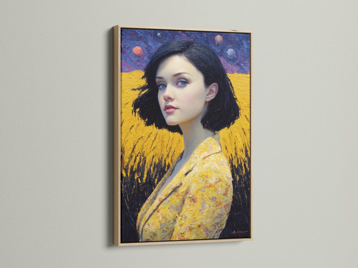 Stylised portrait of a woman with blue eyes in warm gold tones against a swirling purple starry sky detail view