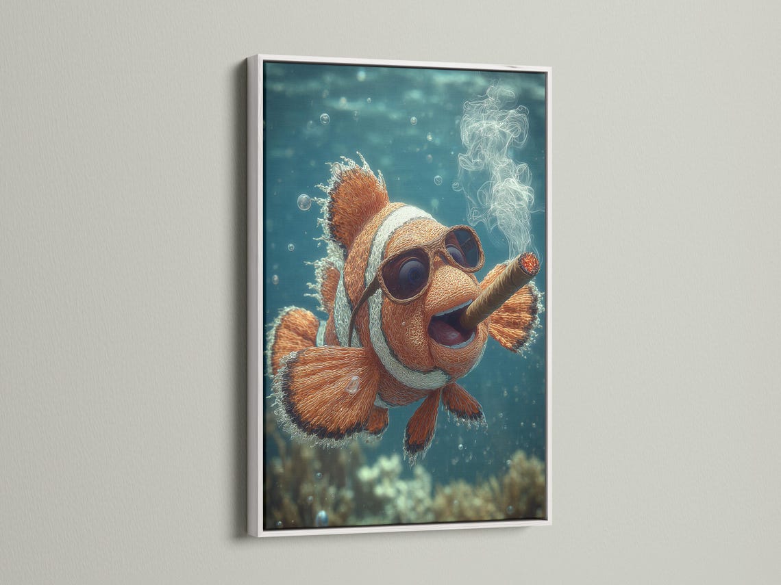 Illustrated clownfish swimming underwater with orange coral, bubbles, and wispy smoke-like curls detail view