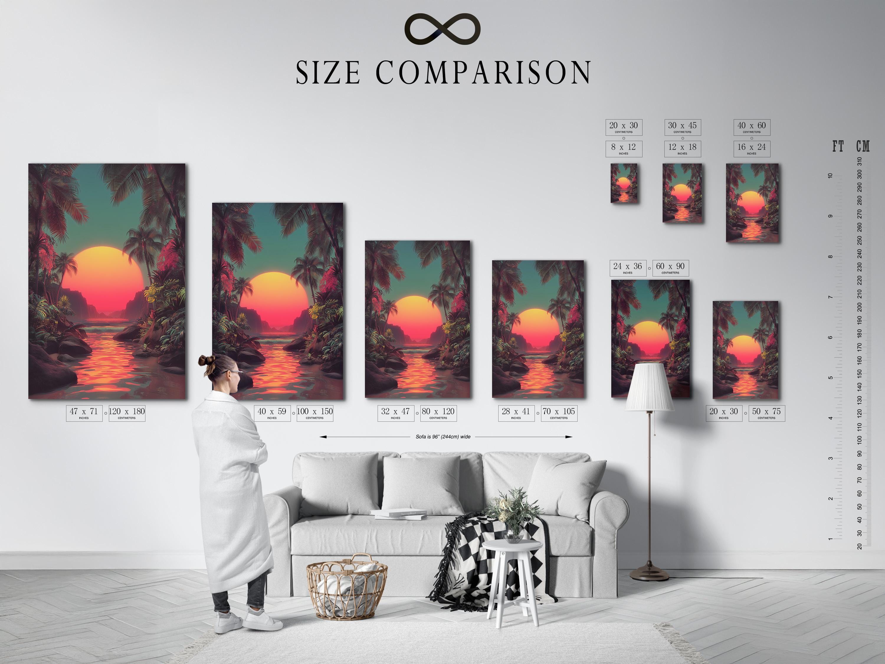 Mockup showing a framed retro tropical sunset seascape with palm trees and reflective water