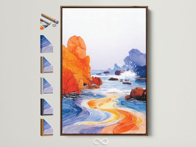 Orange and blue coastal seascape with foamy white waves and rocky cliffs