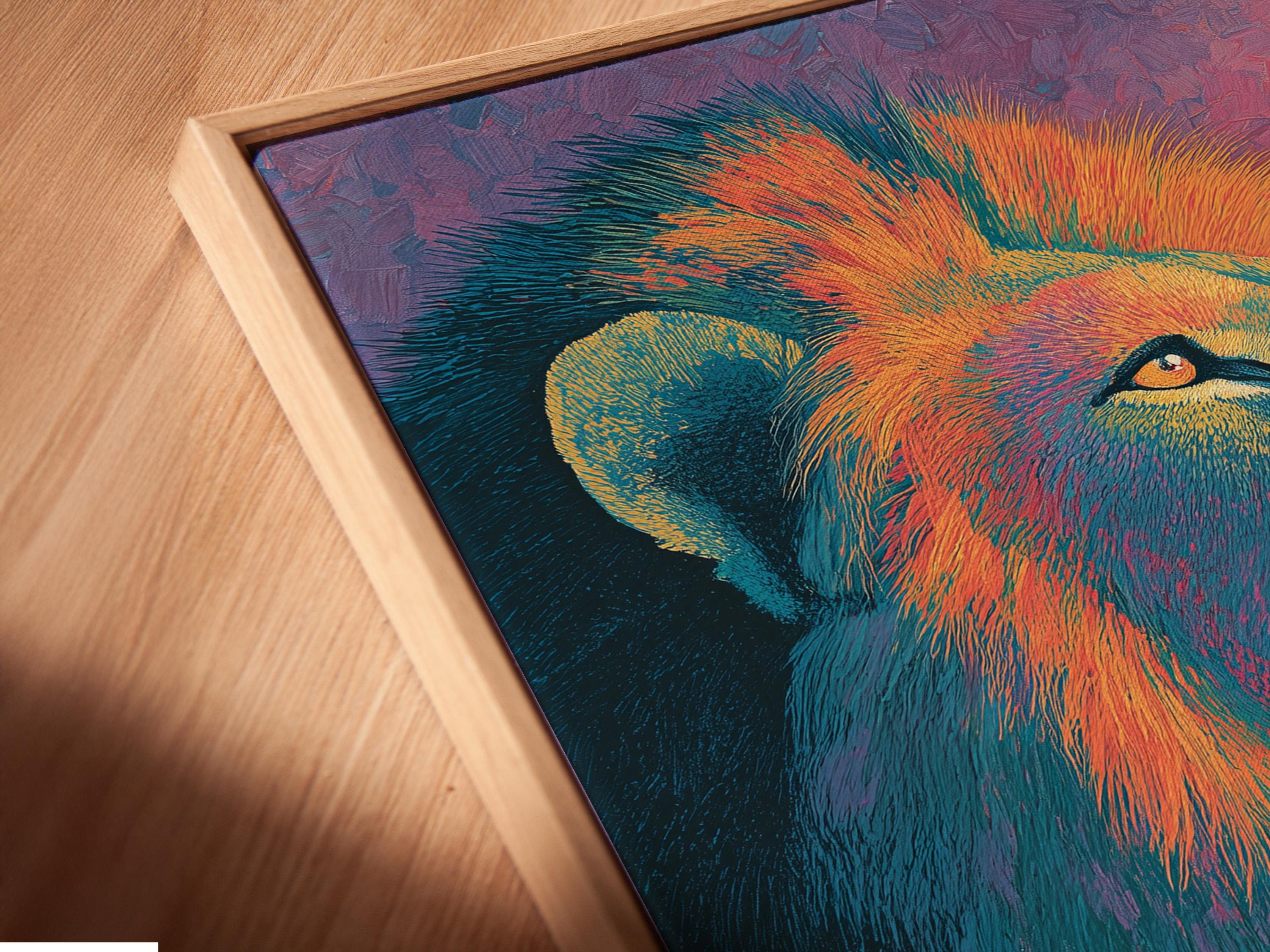 Room mockup showing a framed lion portrait in teal, coral and gold colours