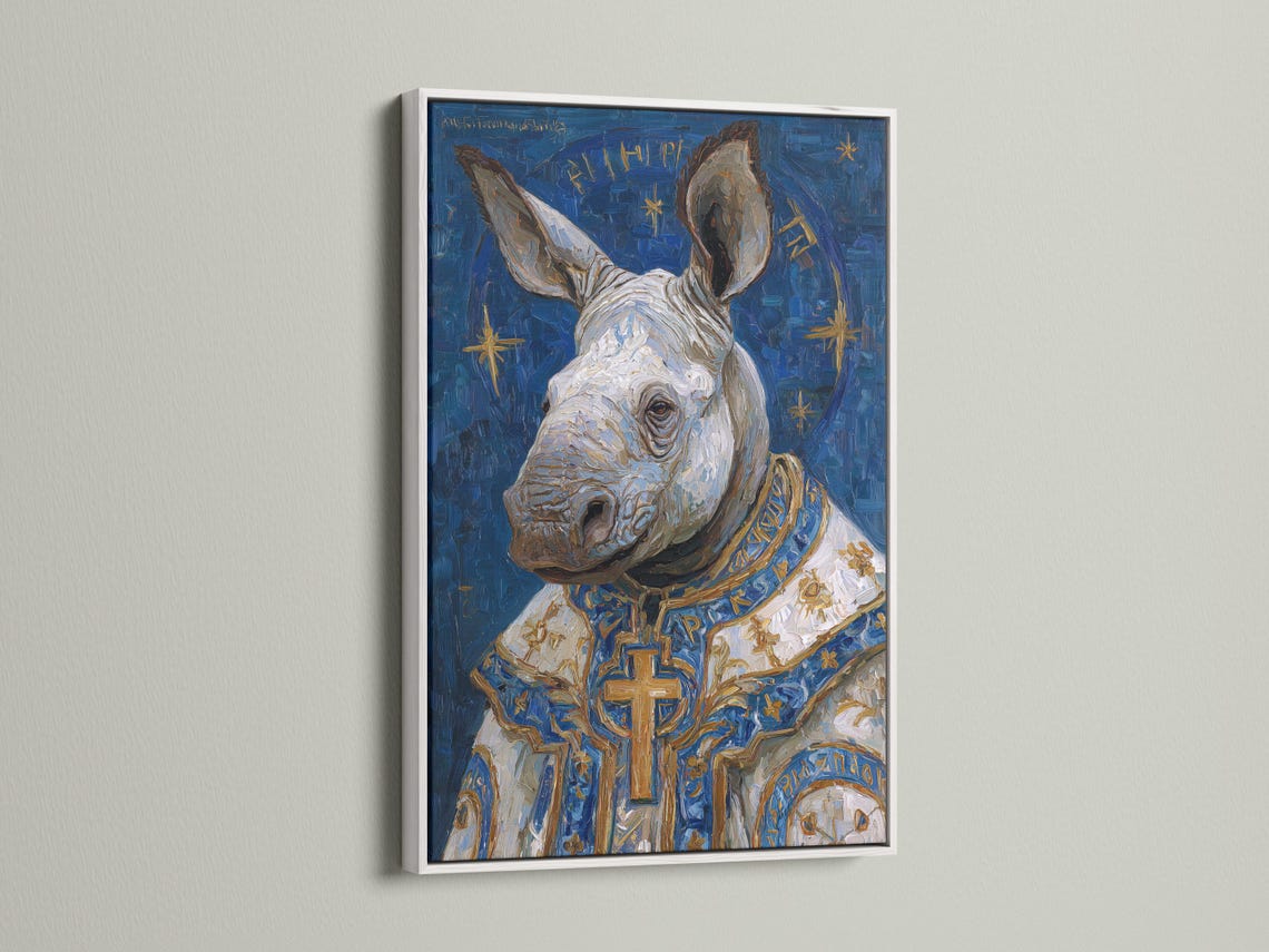 Painted rhino portrait on a deep blue background with gold cross and star-like accents detail view