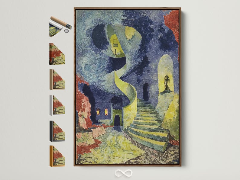 Surreal spiral staircase interior artwork in deep blue, green, and warm red-orange tones