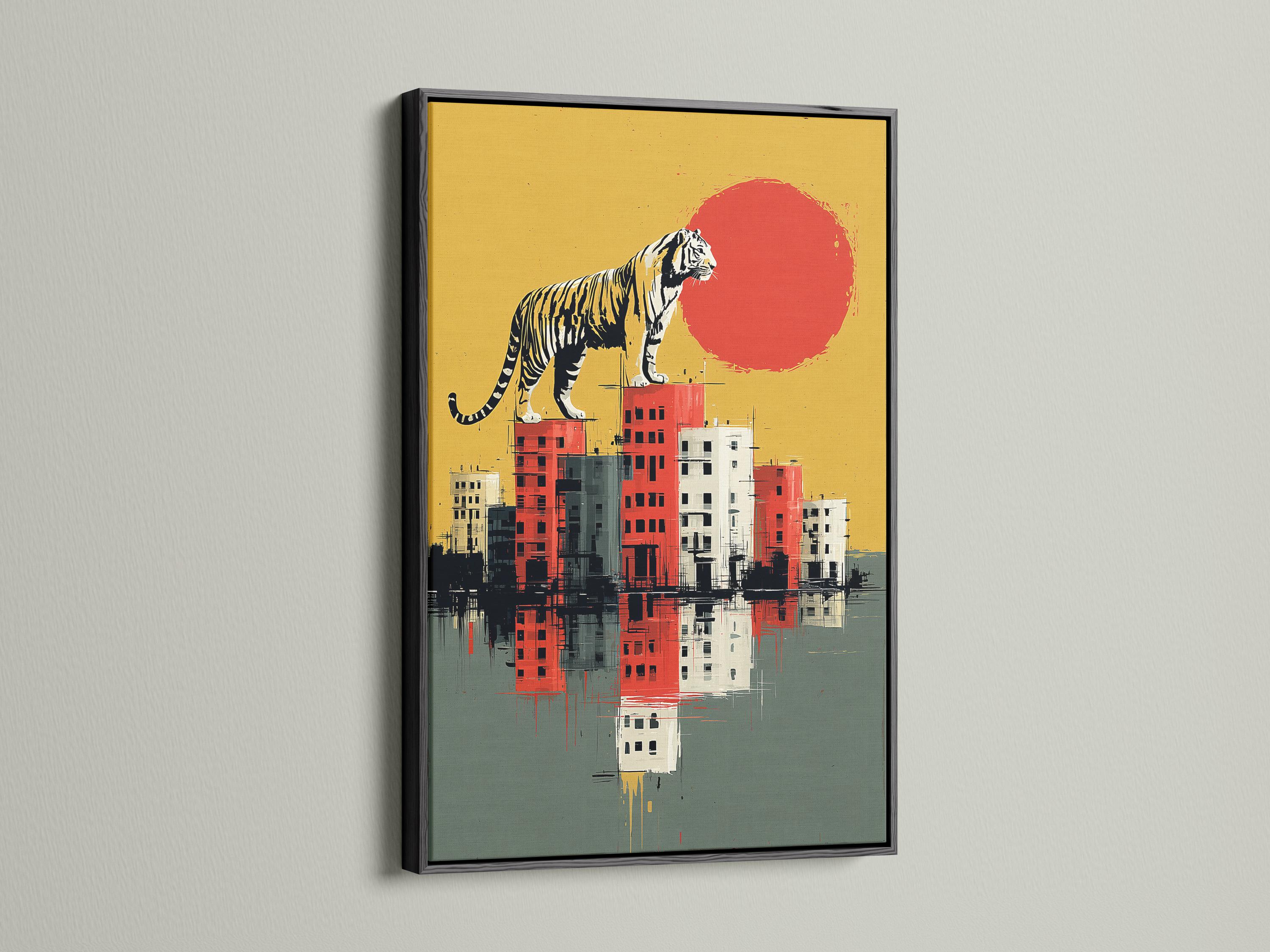 Stylised tiger standing above a blocky cityscape with mirrored reflections in ochre and red detail view