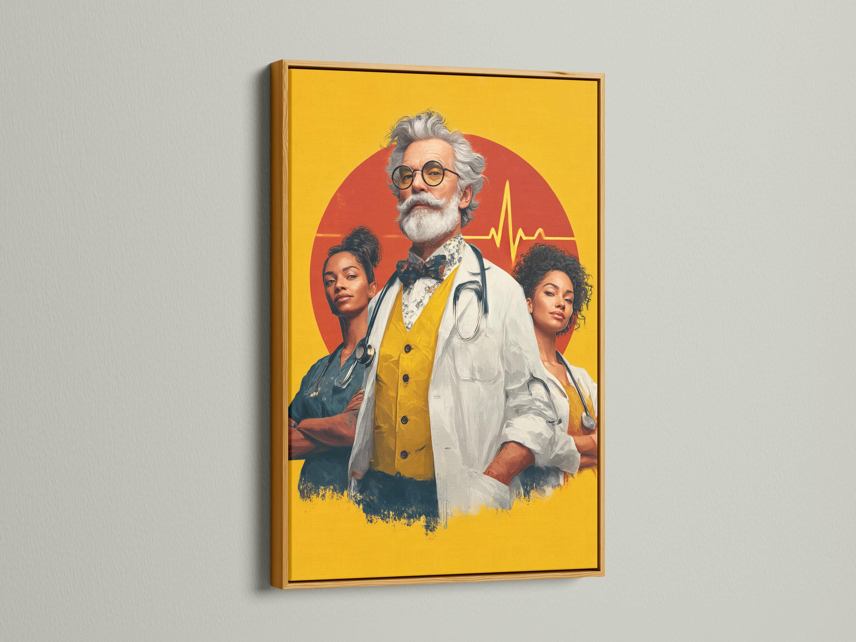 Stylised doctor and two nurses portrait on a mustard-yellow background with red circle and heart-rate line detail view