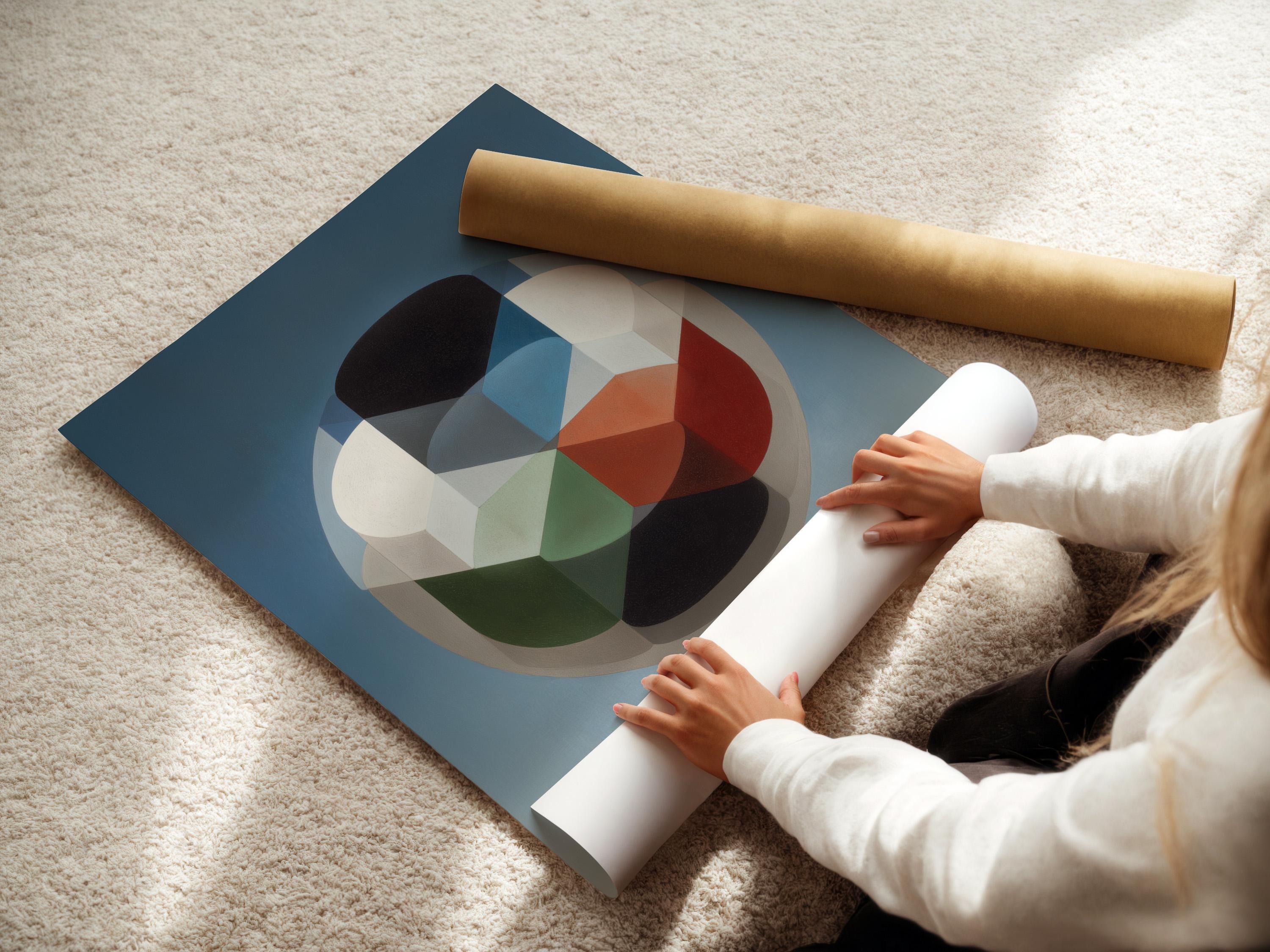 A blue geometric composition features a central rounded cluster of overlapping blocks and circles in cream, grey, dark charcoal, and warm red accents
