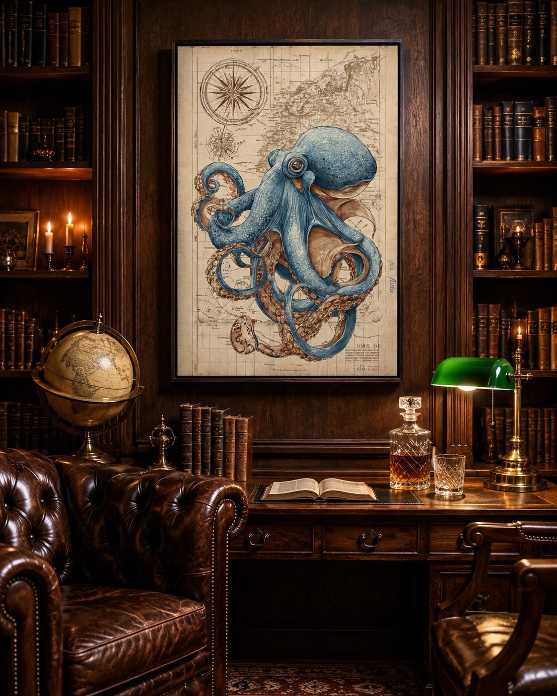 Blue octopus illustration over an antique beige nautical map with compass-like circles detail view