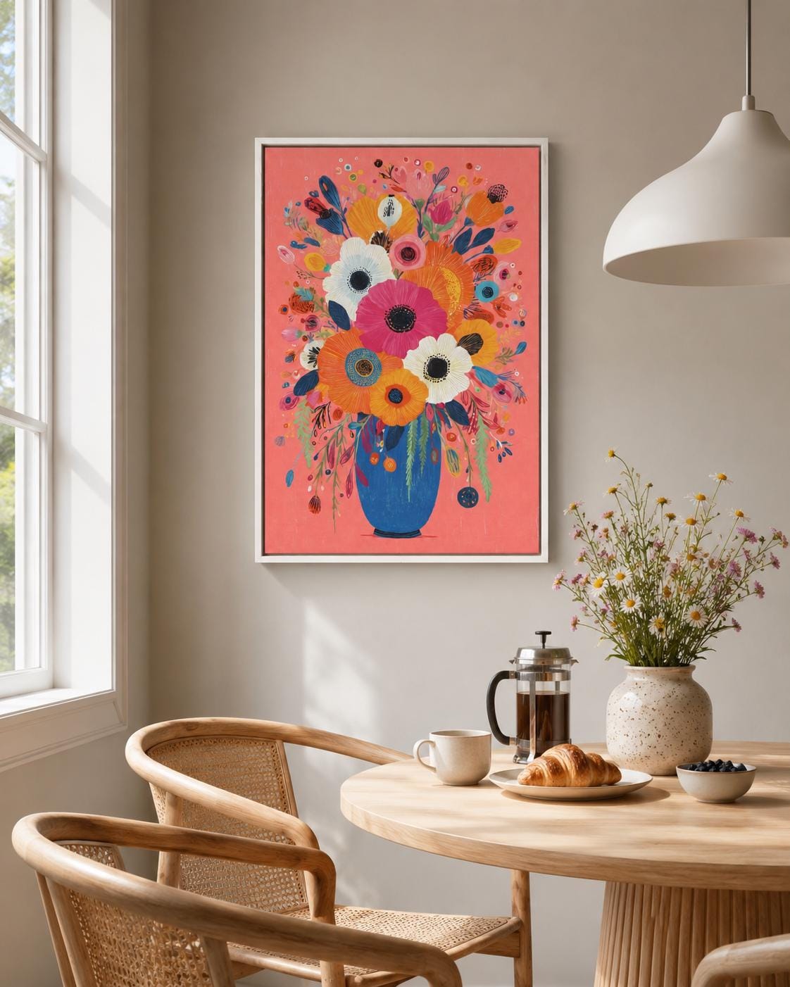 Stylised floral bouquet with large pink flowers in a blue vase on a coral background detail view