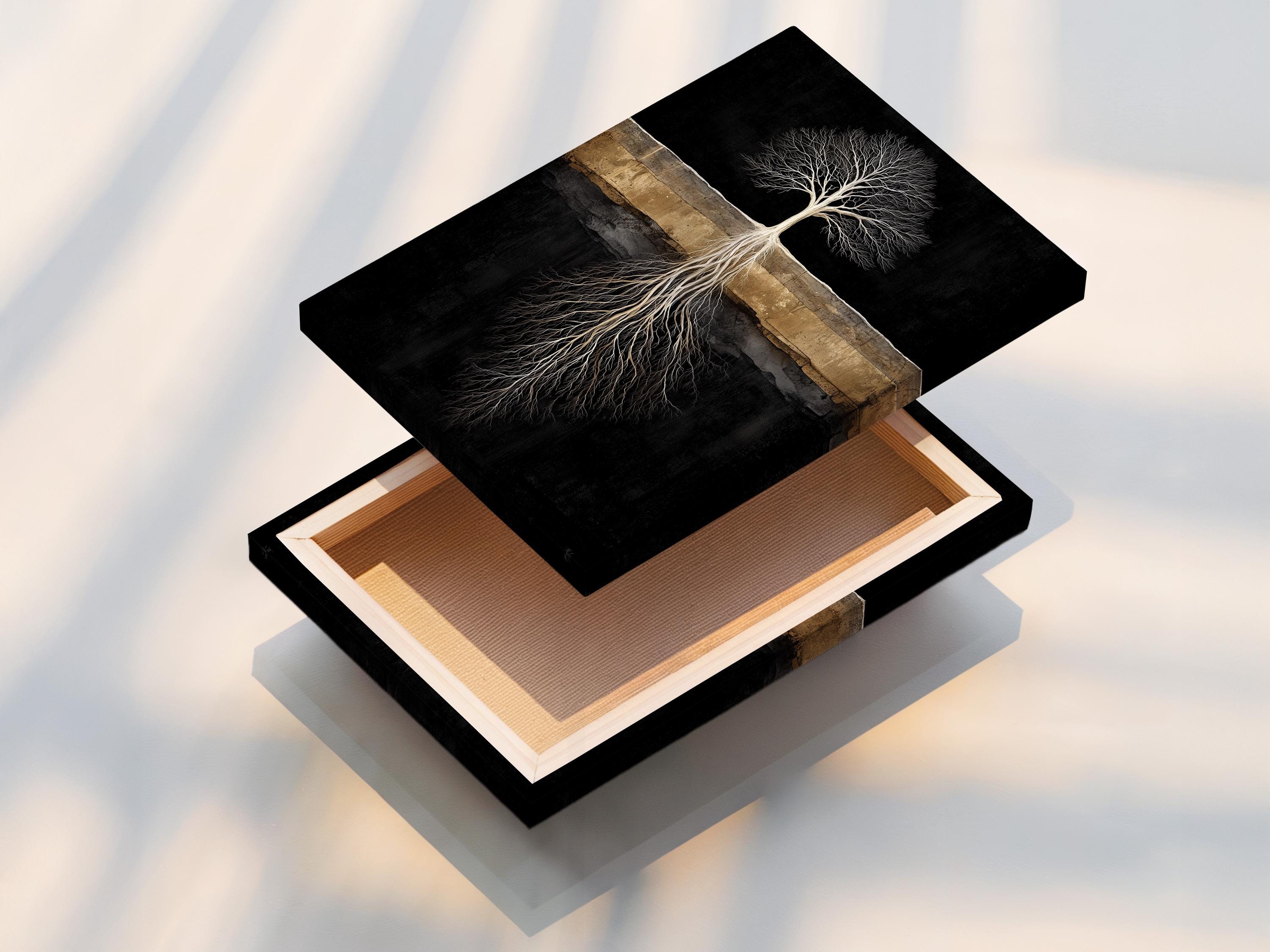 Room mockup with a person reading and a dark tree roots artwork above a bed