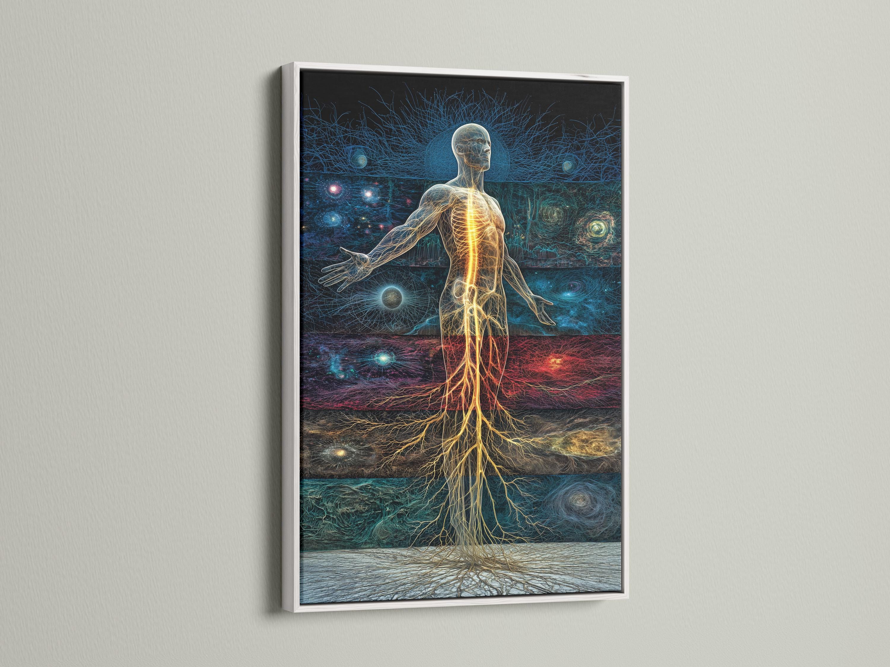 Woman standing beside a framed artwork showing a glowing energy human figure in blue, teal and red