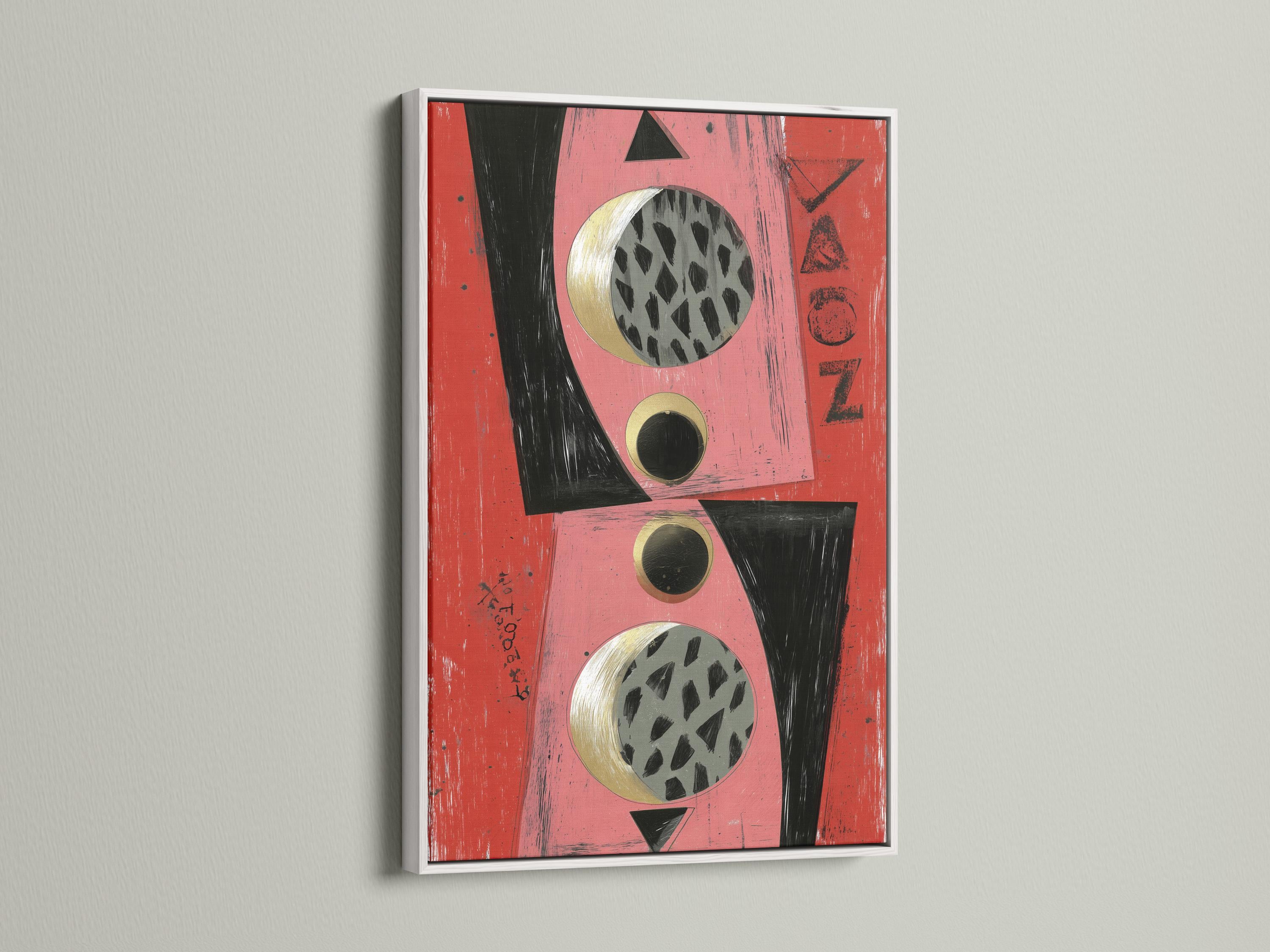 Abstract geometric artwork with coral and pink background, black shapes and gold-ring circles detail view